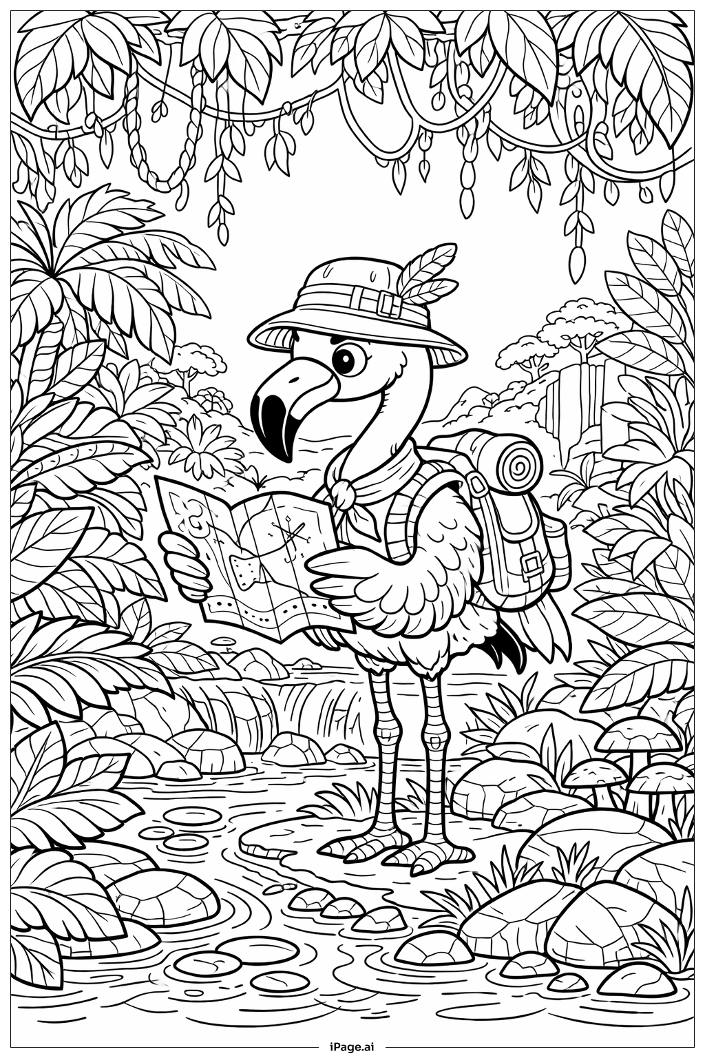  Flamingo Explorer Adventure Coloring Page 