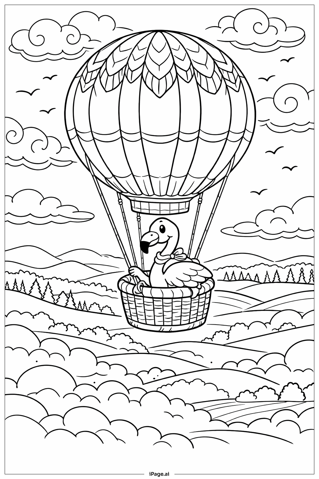  Página para colorir de Passeio de Balão de Ar Quente com Flamingo 