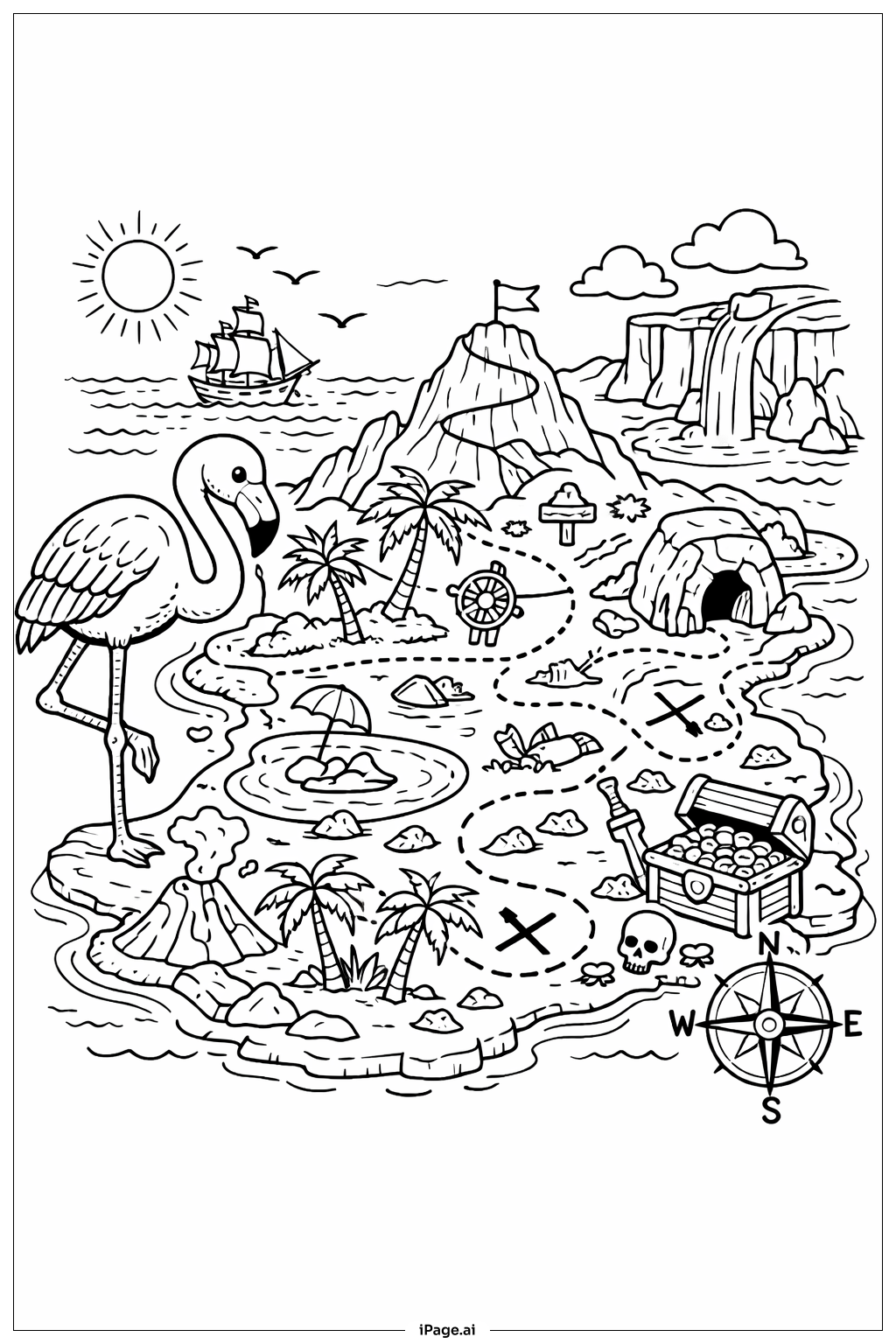  Flamingo Inselkarten Abenteuer Ausmalseite 