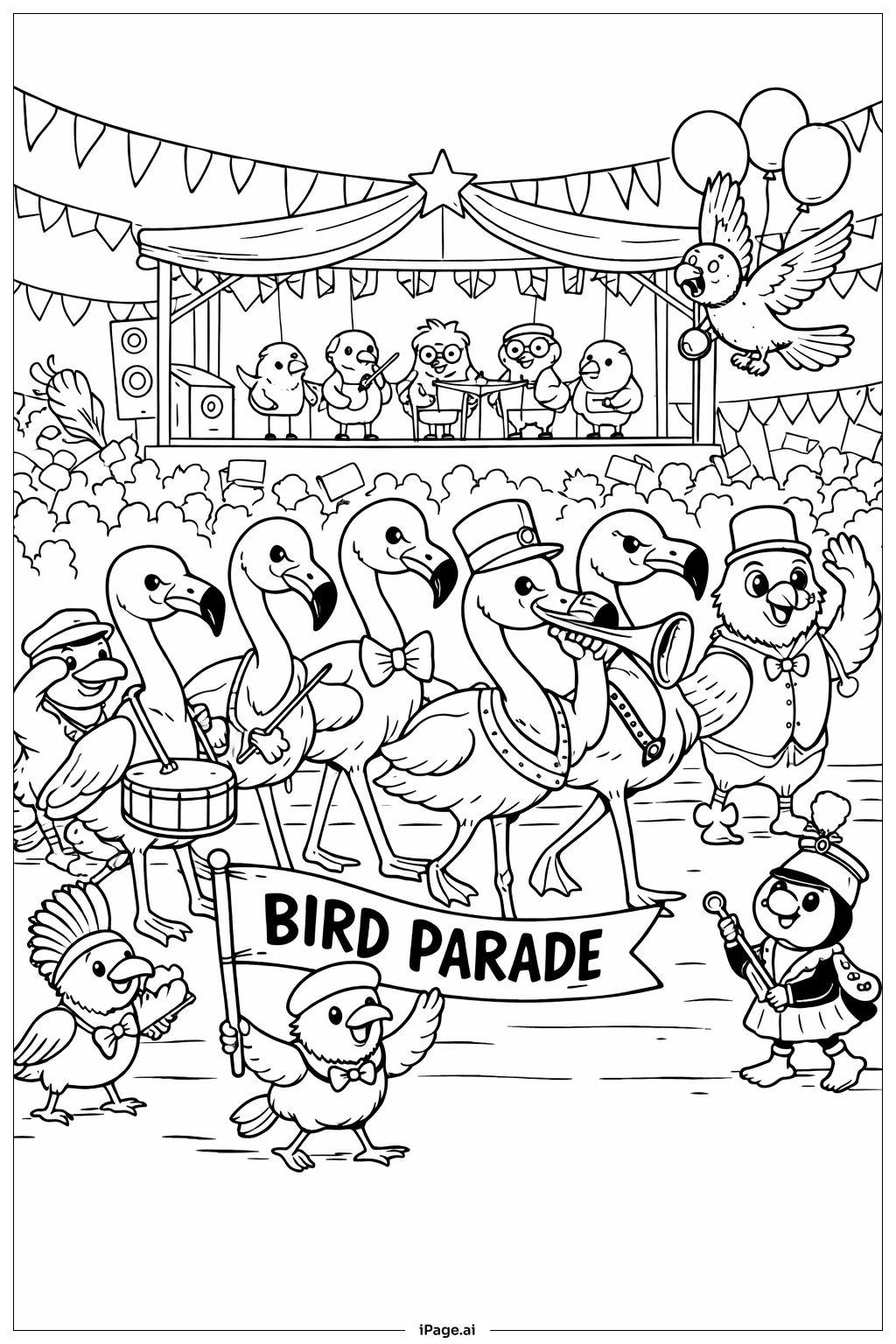  Página para colorear de Desfile de Flamencos con Otros Pájaros 