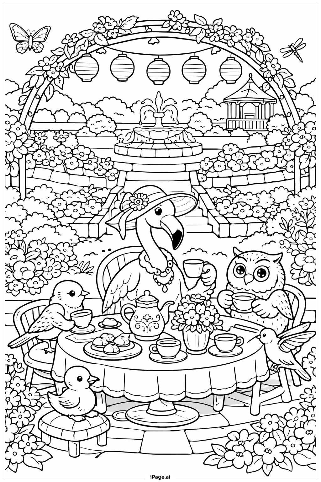  Page de coloriage Jardin de la Fête du Thé Flamant Rose 