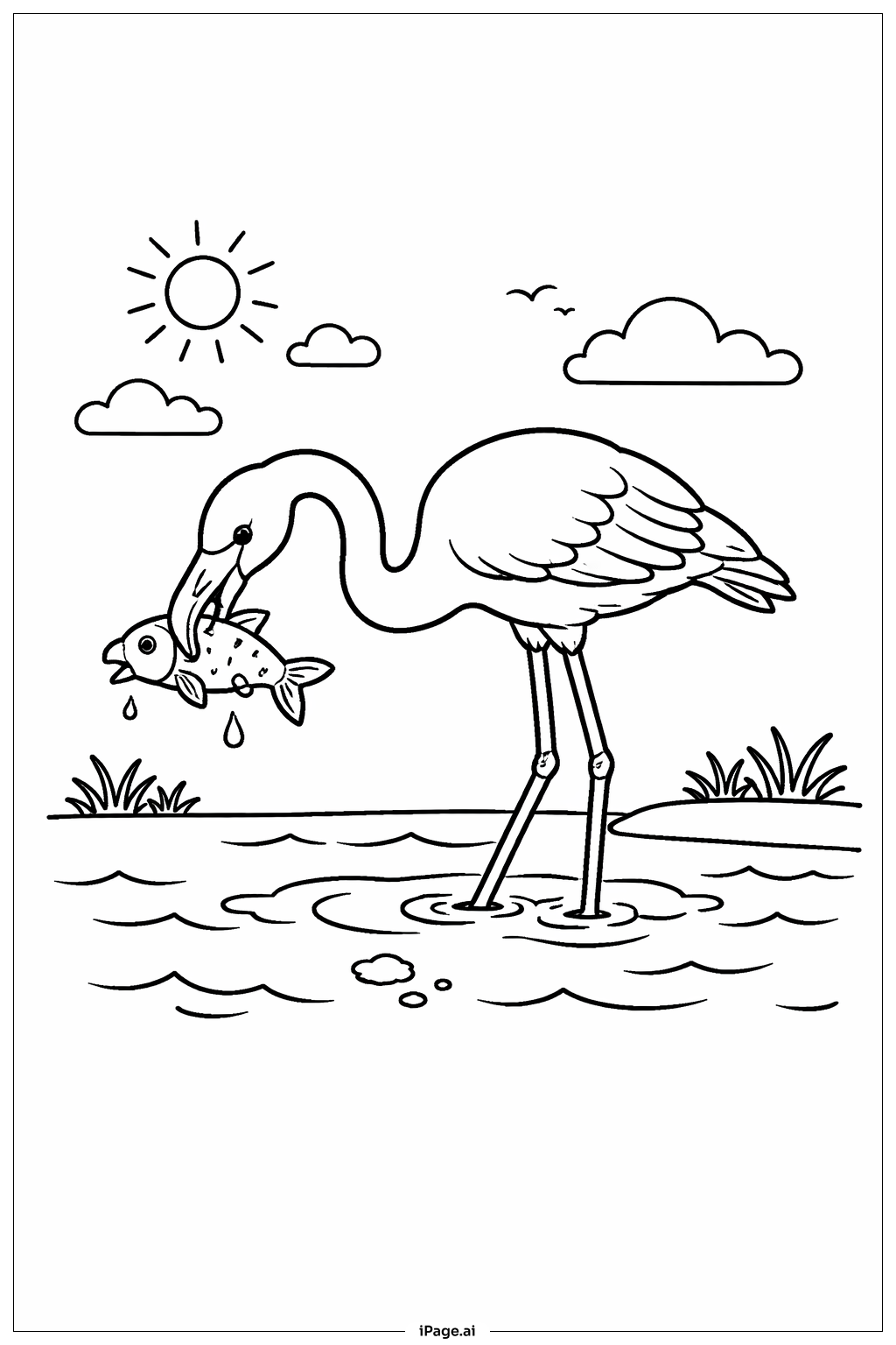  Flamingo with Fish Coloring Page 