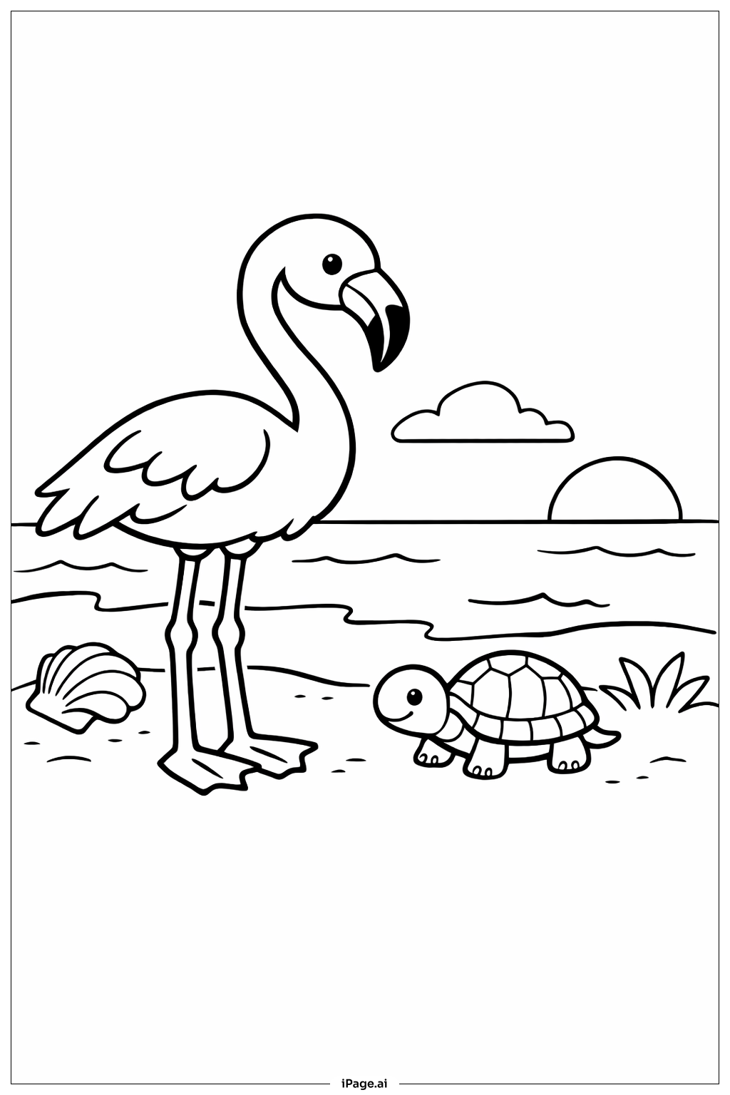  Page de coloriage Flamant rose avec tortue 