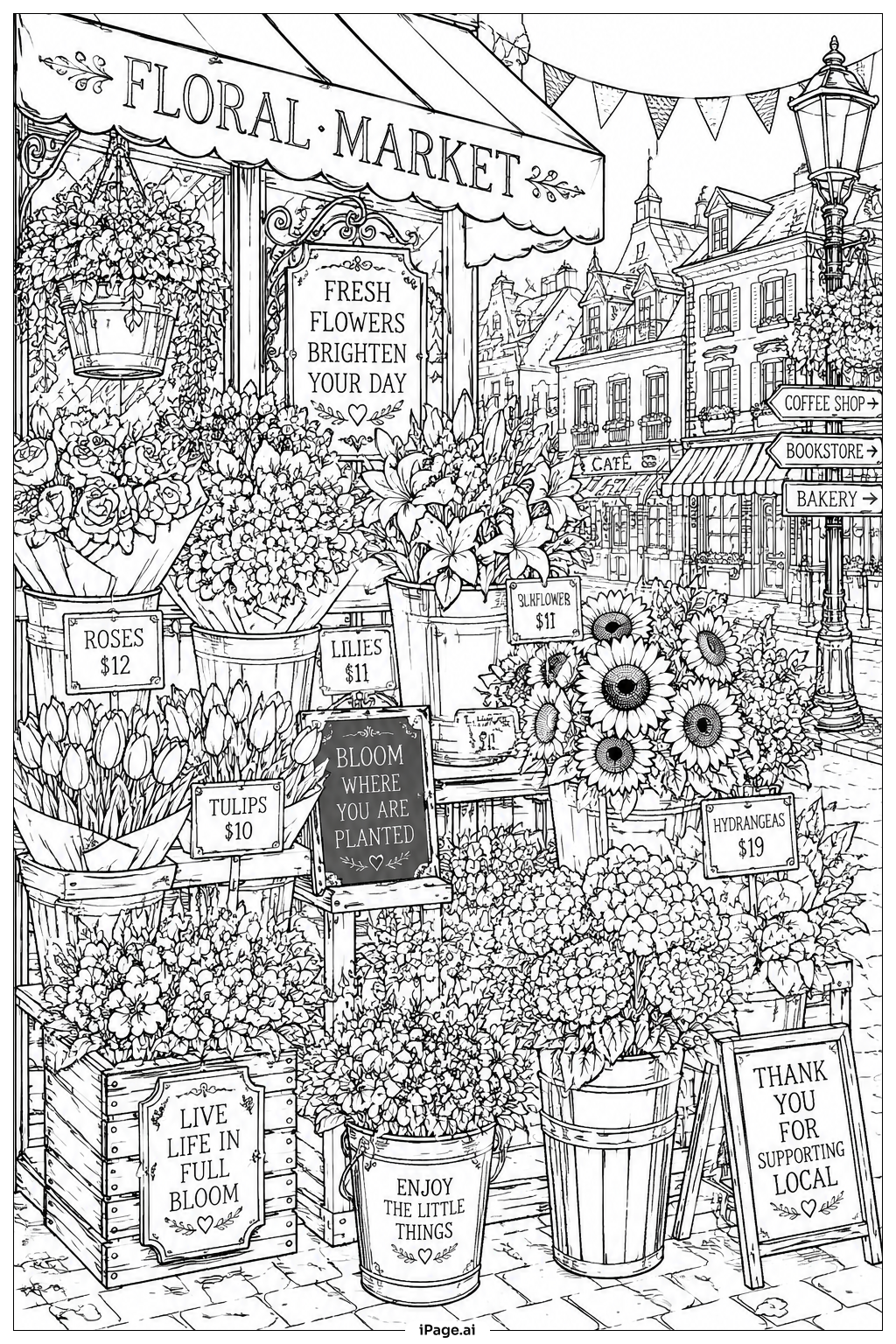 Página para colorir de Exposição de Buquês de Flores no Mercado Floral