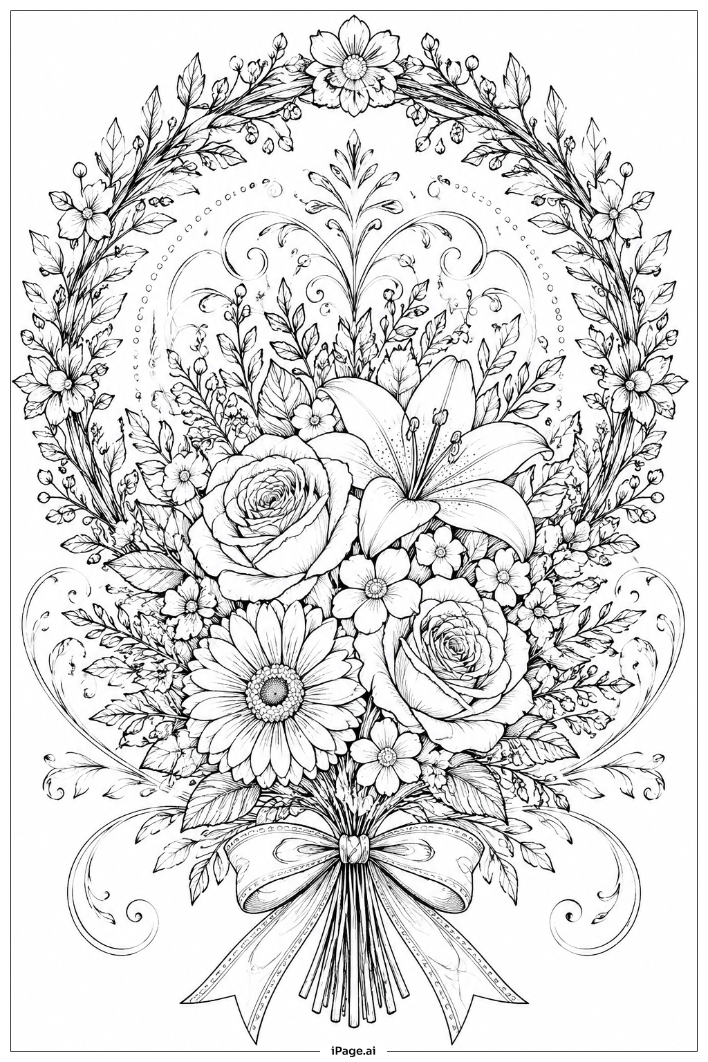 Página para colorir de Grinalda Floral e Buquê de Flores