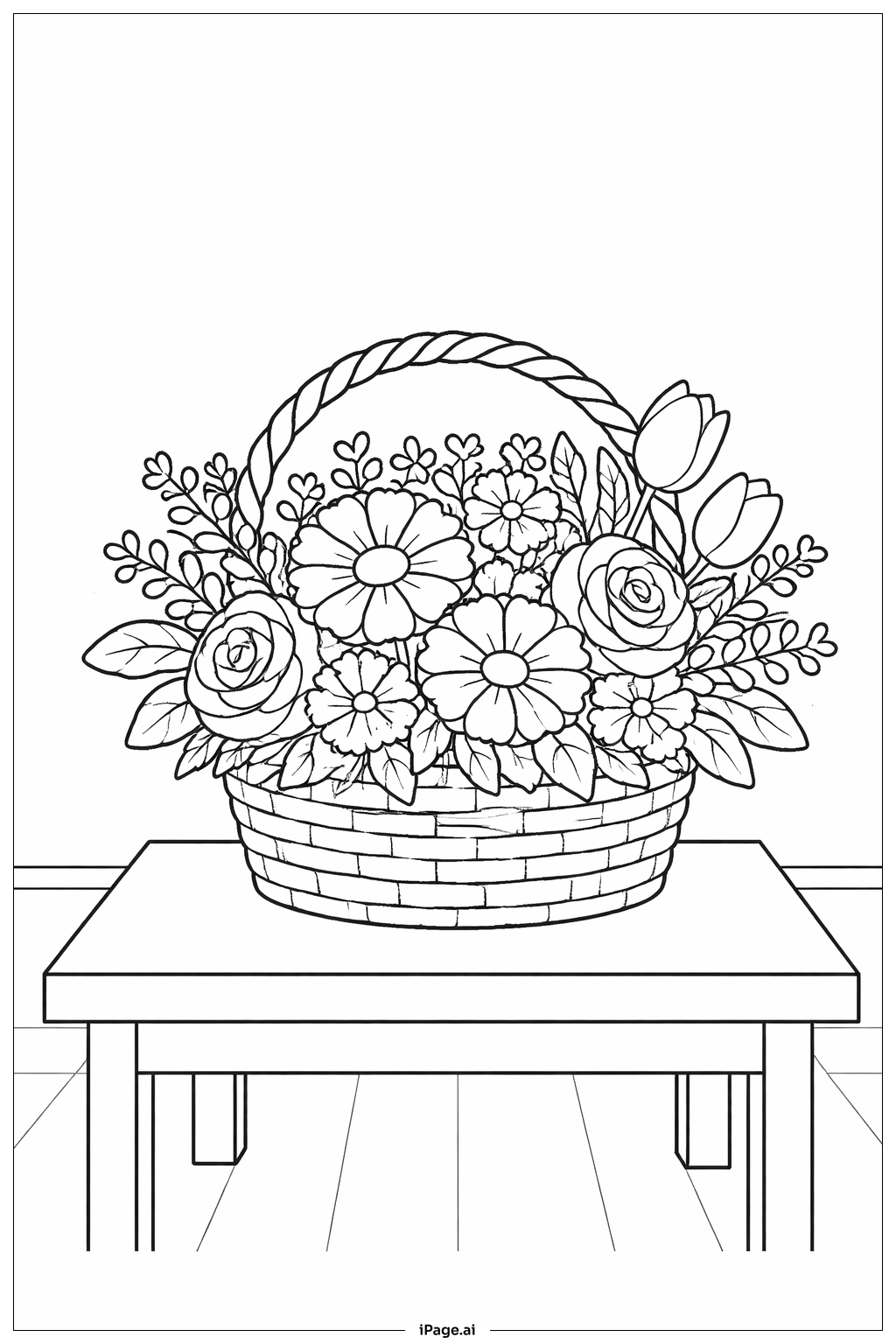 Flower Basket on Table Coloring Page