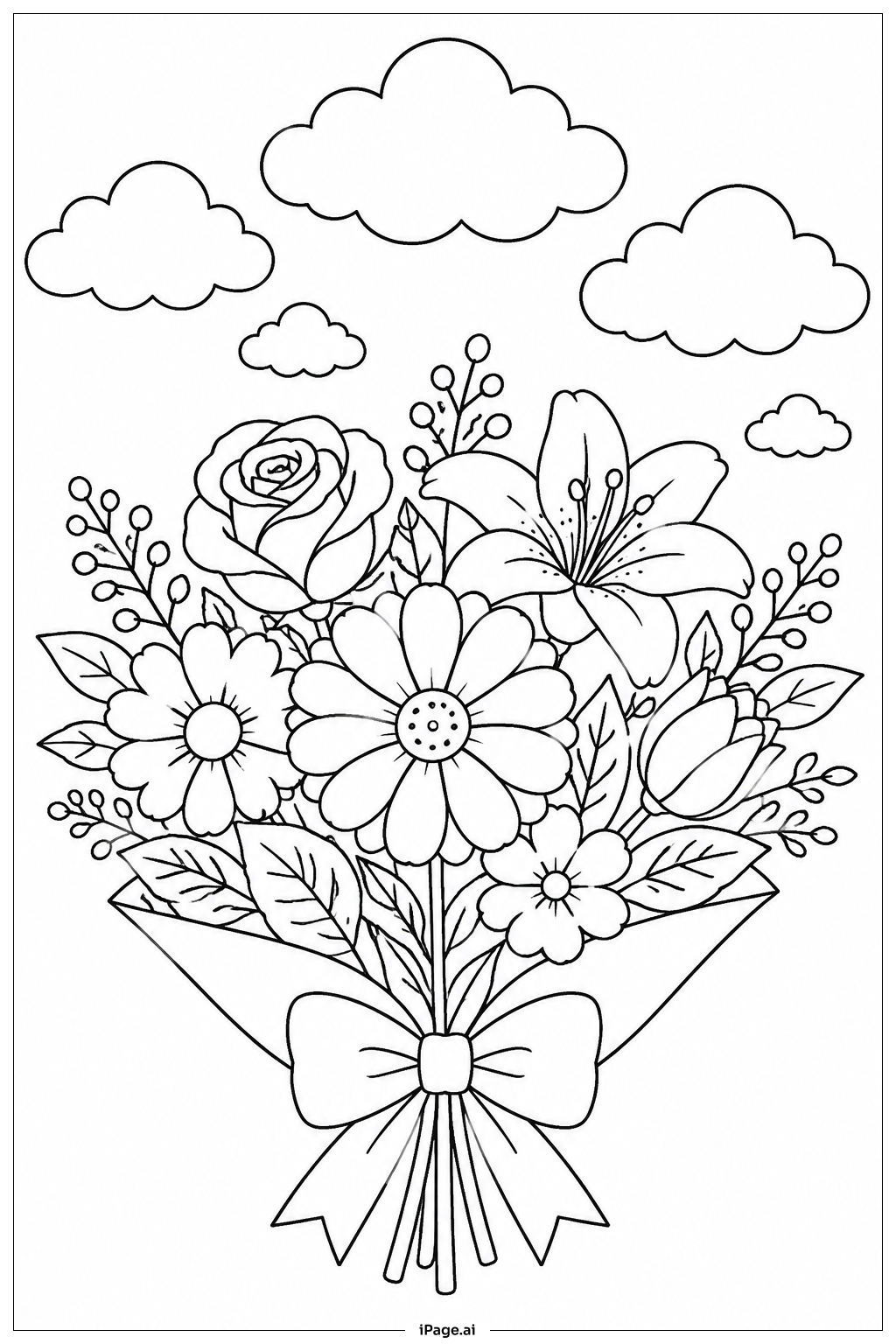 Flower Bouquet With Clouds Coloring Page 