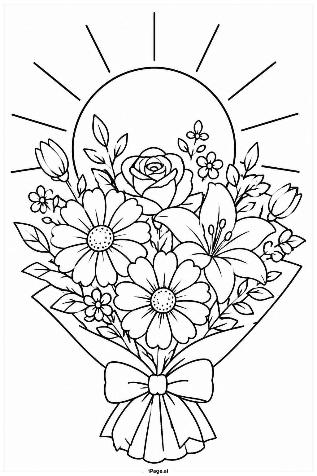 Flower Bouquet With Sun Coloring Page
