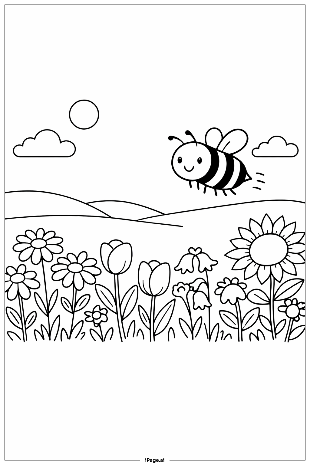 Flower Field with Bee Coloring Page