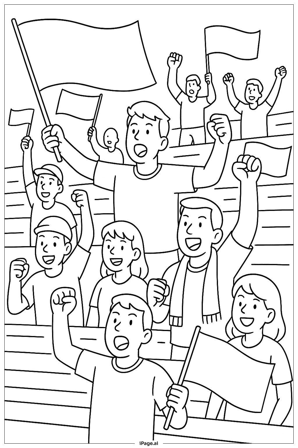  Página para colorear de Aficionados de Fútbol Agitando Banderas 