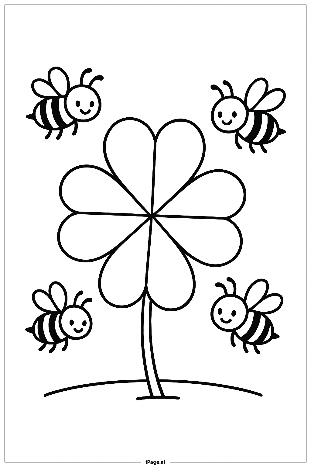  Page de coloriage Trèfle à quatre feuilles et abeilles 