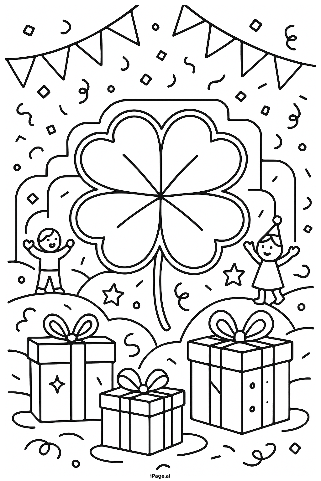  Page de coloriage Scène de célébration du trèfle à quatre feuilles 
