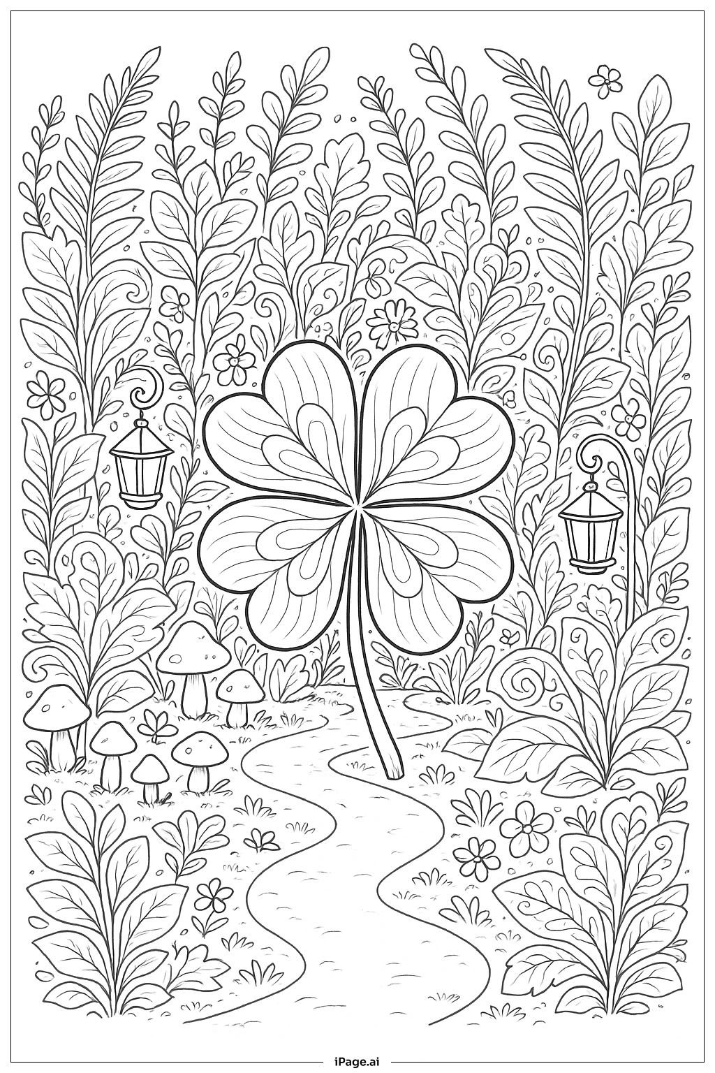  Page de coloriage Jardin féerique au trèfle à quatre feuilles 