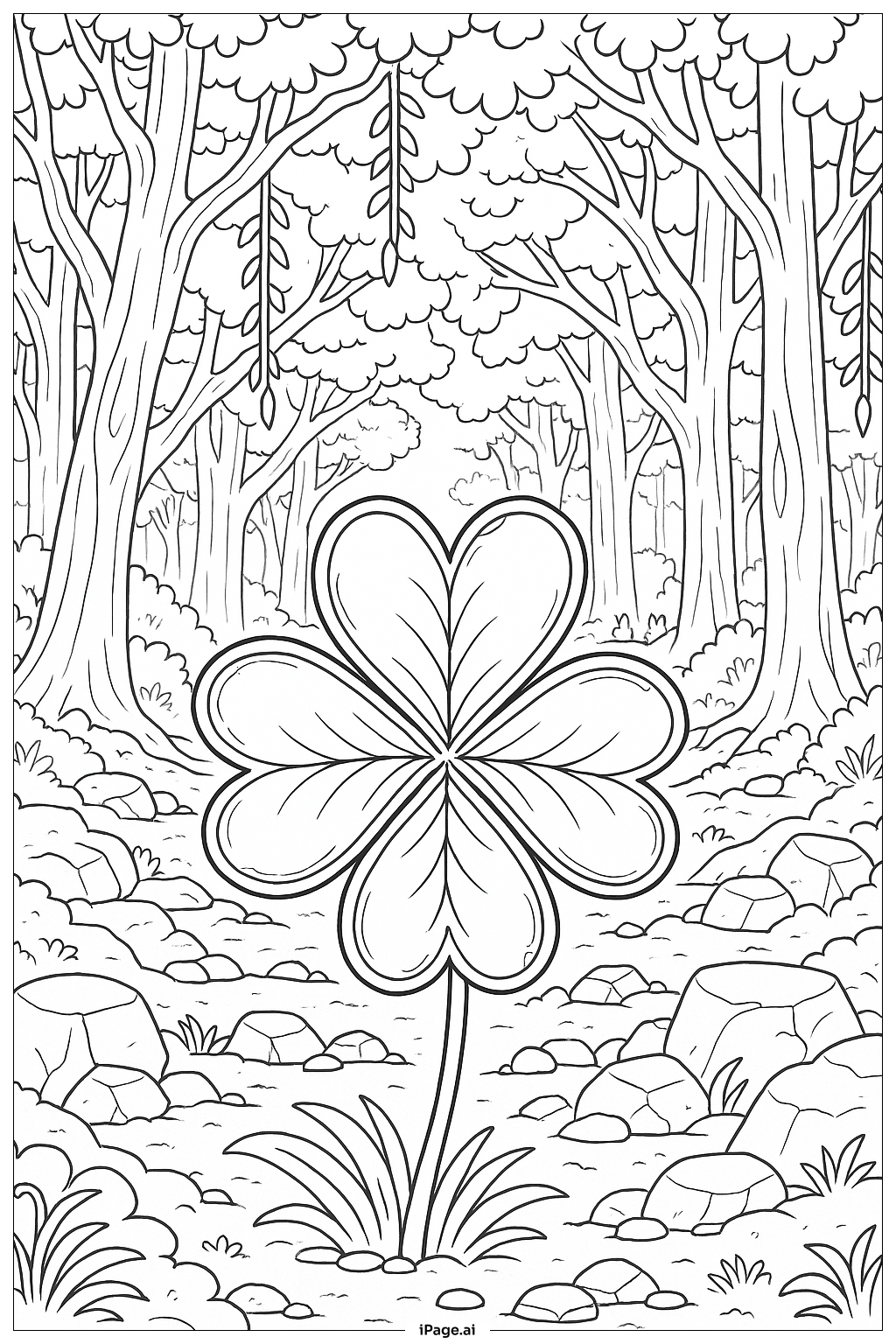  Page de coloriage Forêt Magique au Trèfle à Quatre Feuilles 
