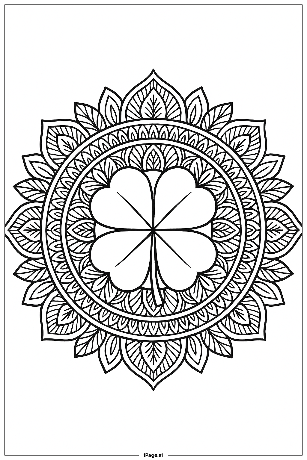  Página para colorear de Marco de Mandala Trébol de Cuatro Hojas 