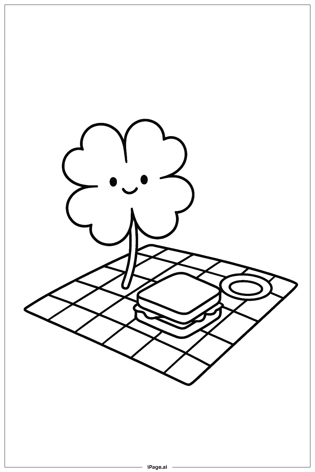  Page de coloriage Scène de pique-nique au trèfle à quatre feuilles 