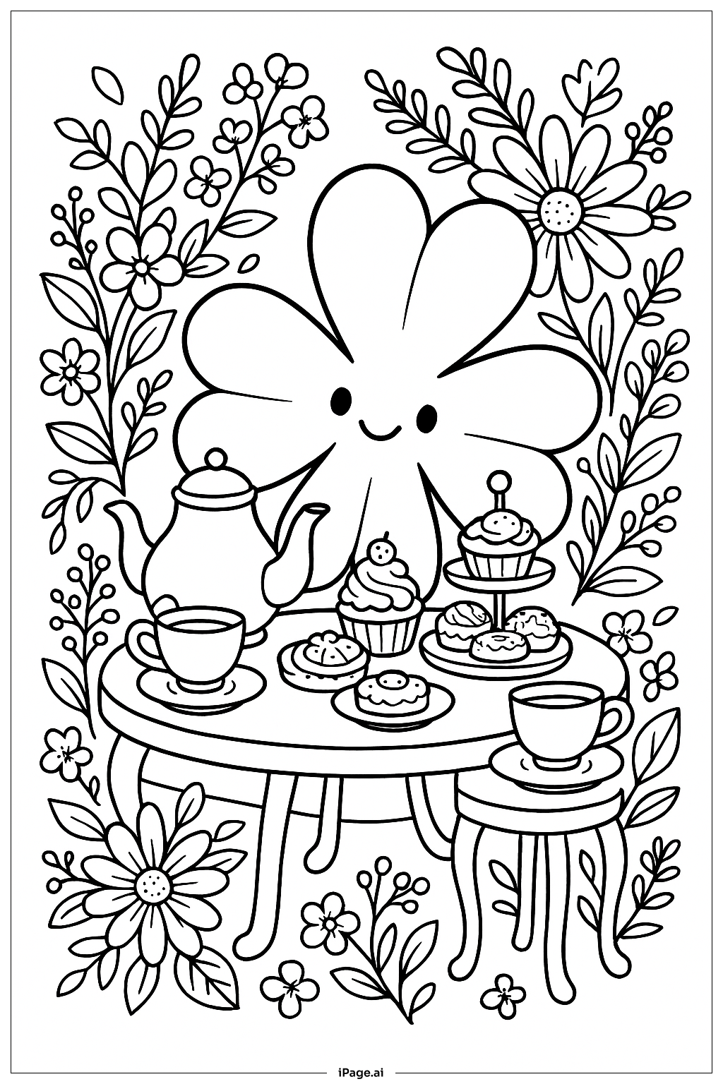  네 잎 클로버 티파티 색칠공부 페이지 