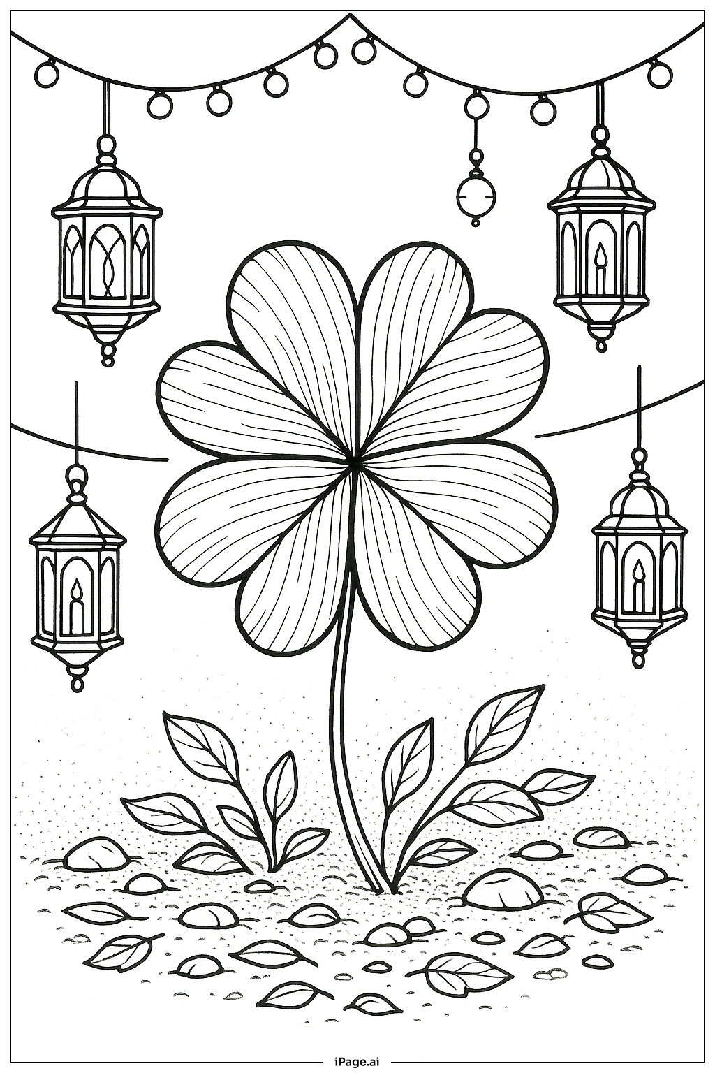  Page de coloriage Trèfle à Quatre Feuilles avec Lanternes 