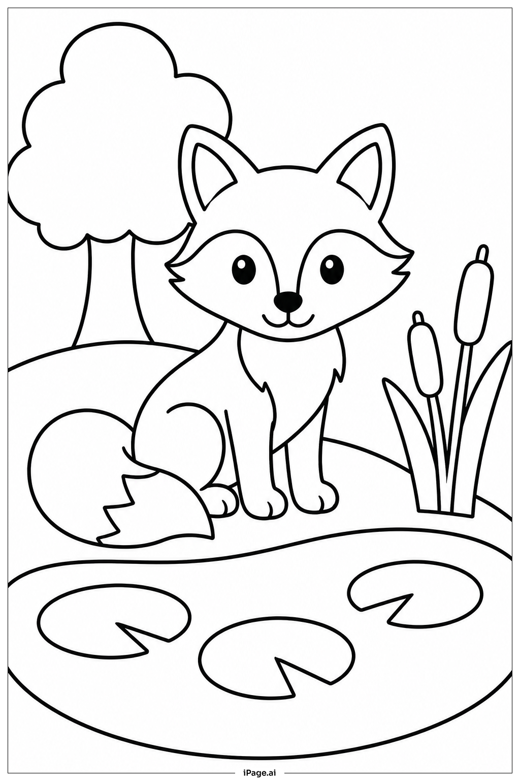 池のそばのキツネの塗り絵ページ
