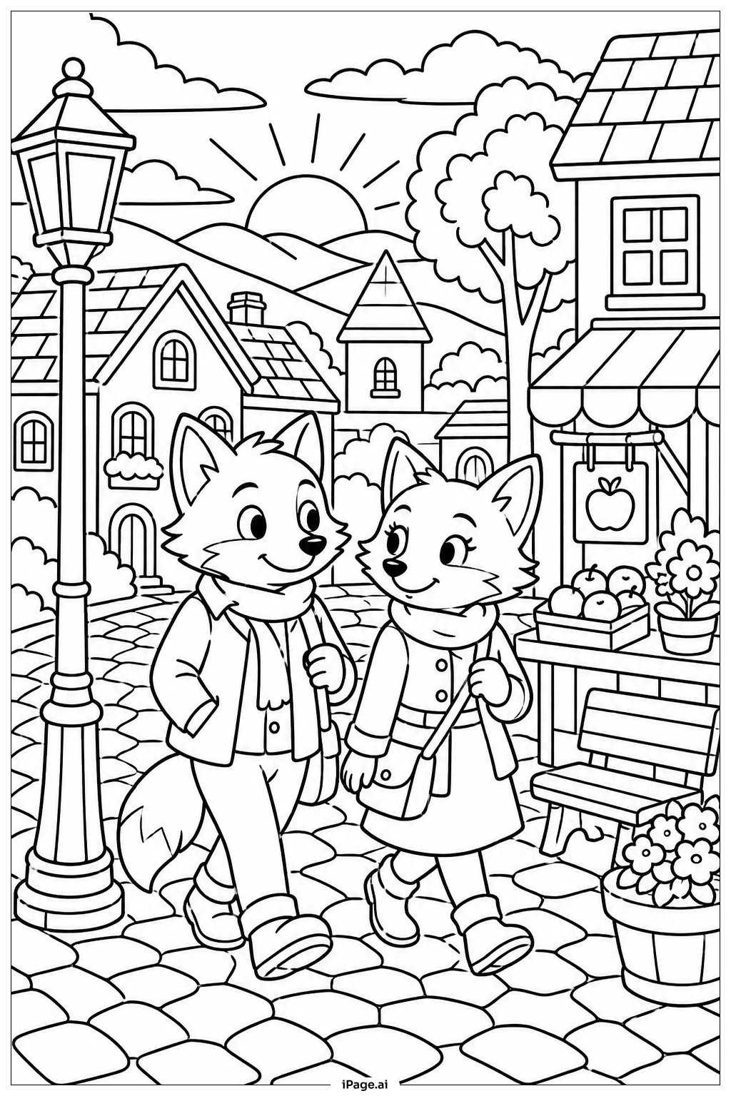 夕暮れの村のキツネの塗り絵ページ