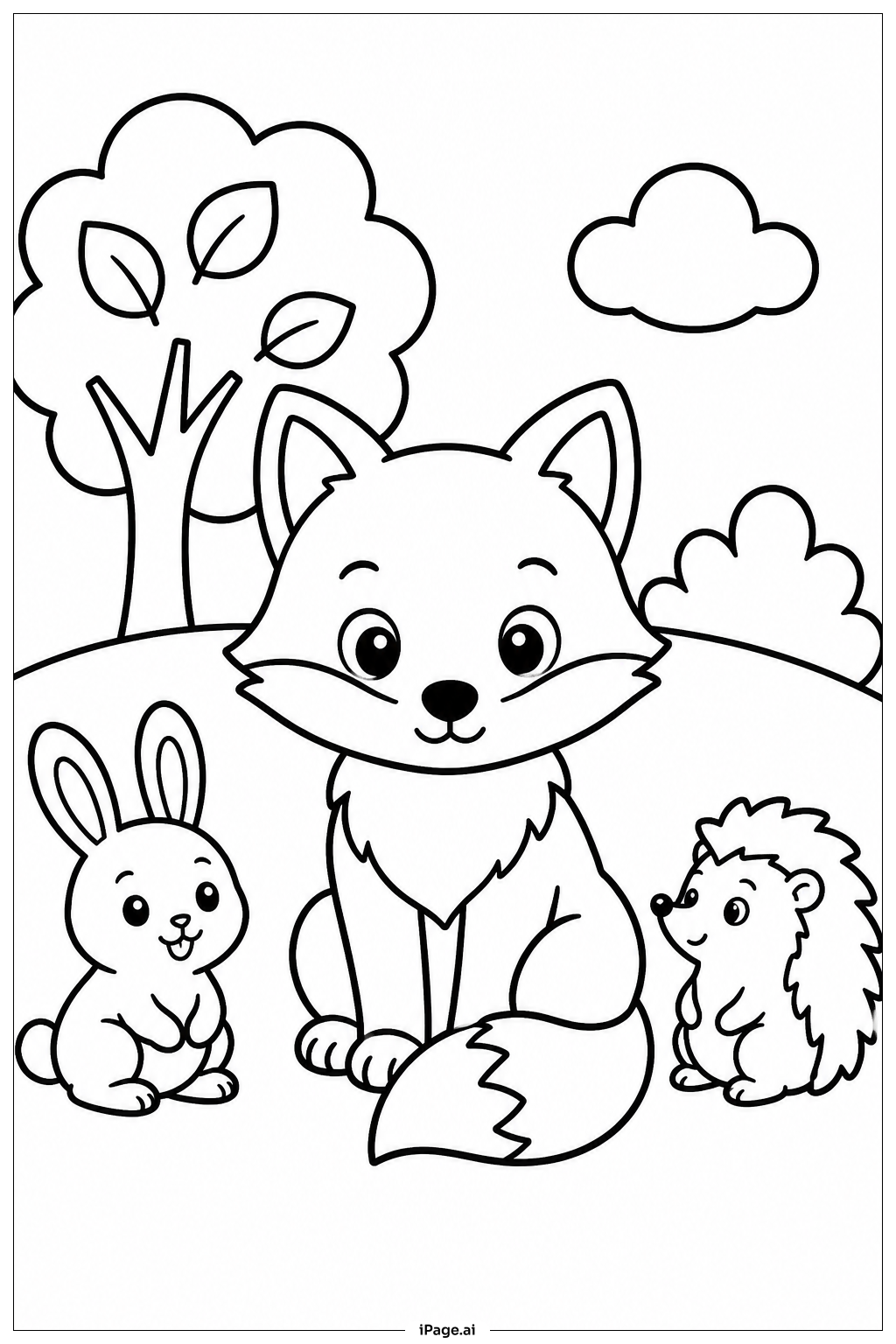 友達と一緒のキツネの塗り絵ページ
