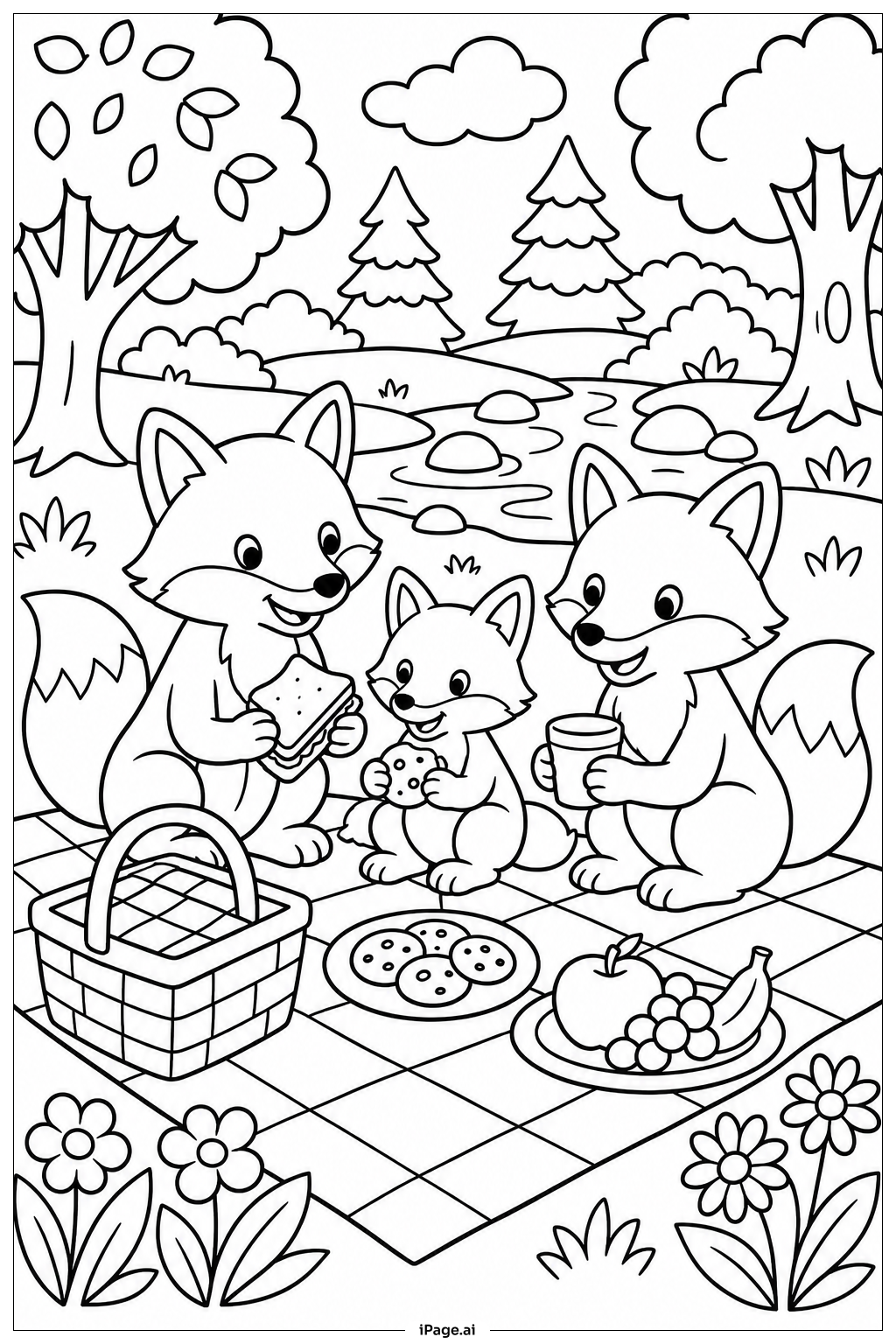  Fox Woodland Picnic Coloring Page 