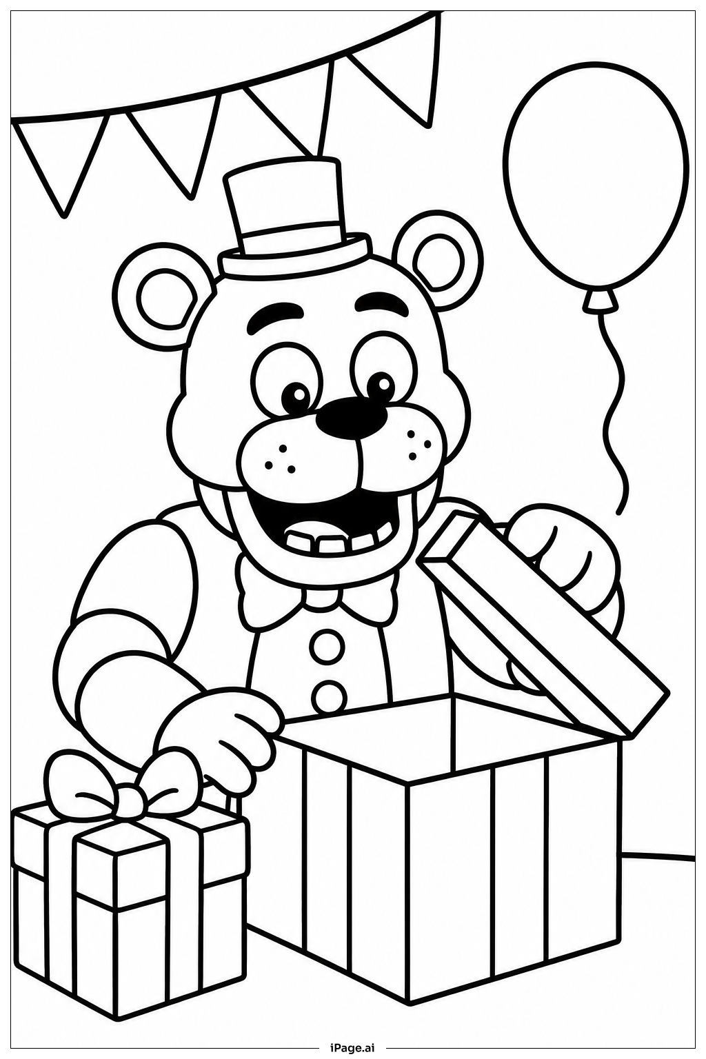 Freddy Fazbear öffnet ein Geschenk Ausmalseite 