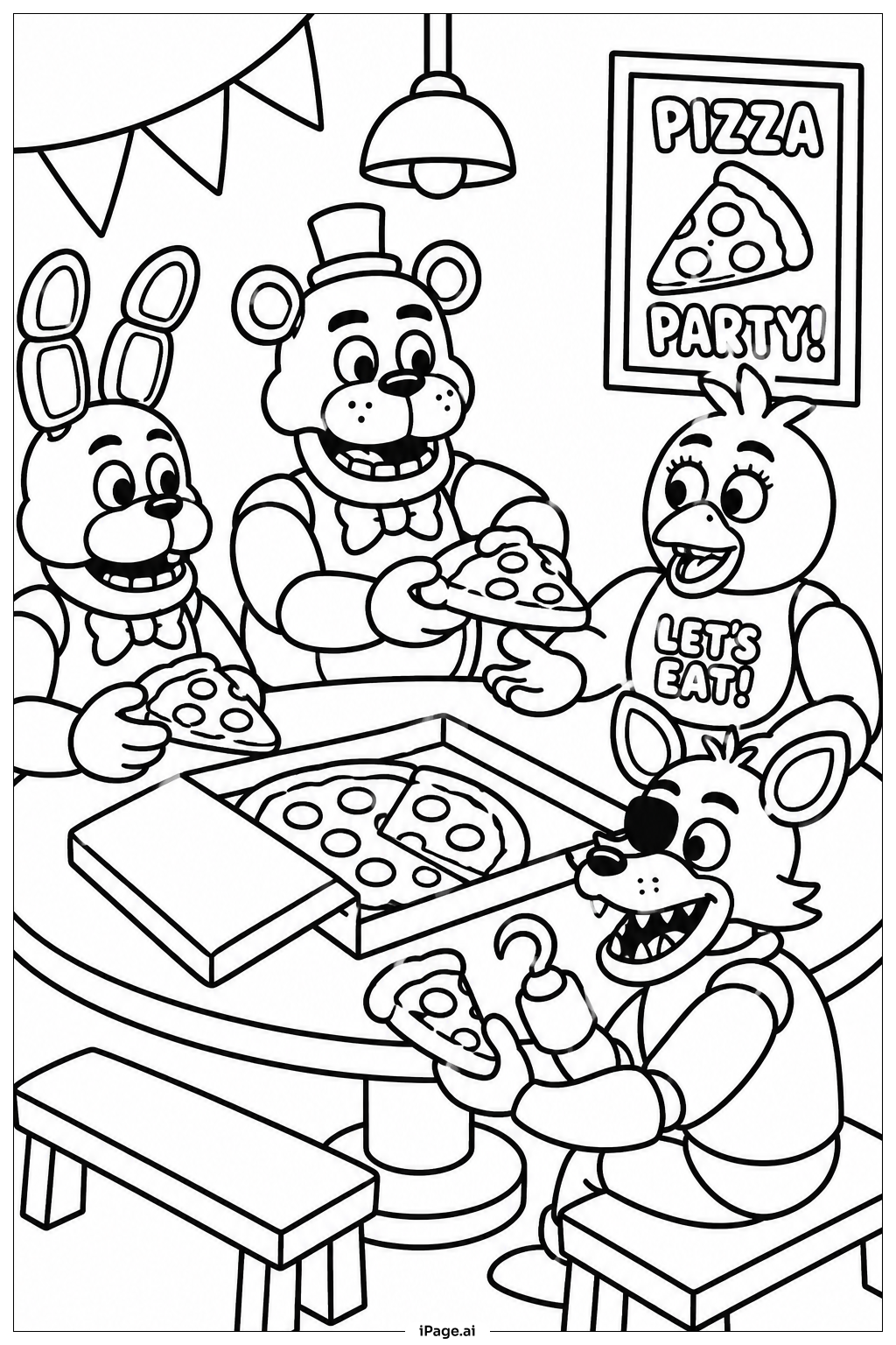 Freddy Fazbear Pizza Party Scene Coloring Page