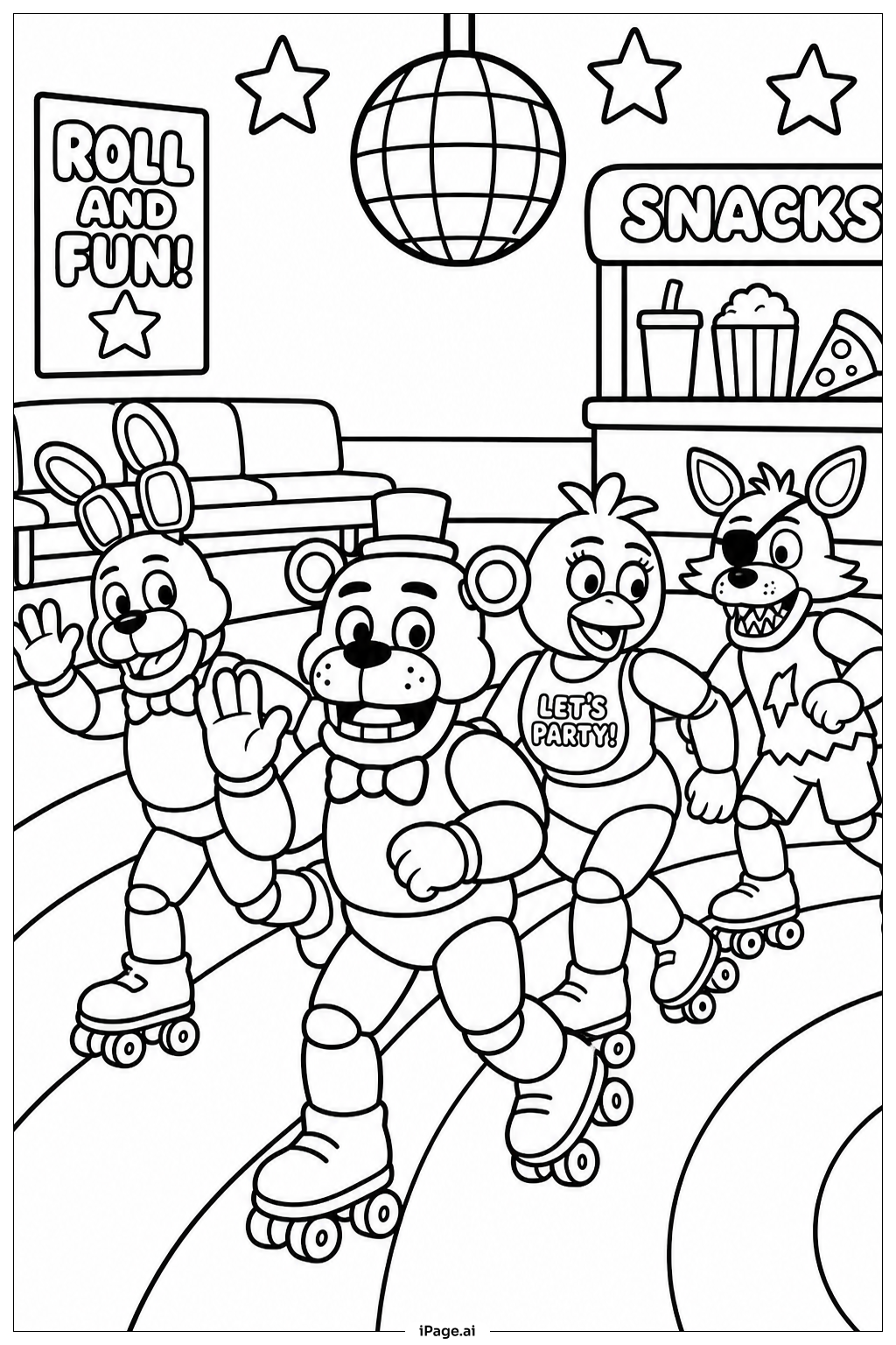  Freddy Fazbear Rollschuh-Rink-Party Ausmalseite 