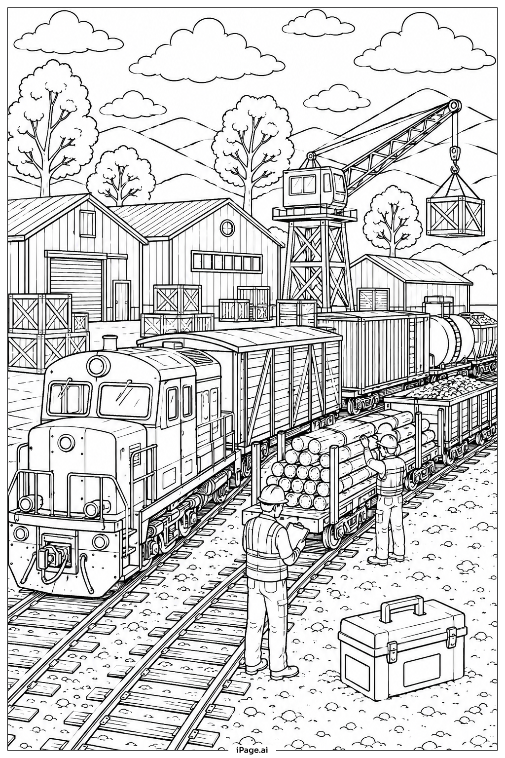 Freight Train And Workers Coloring Page