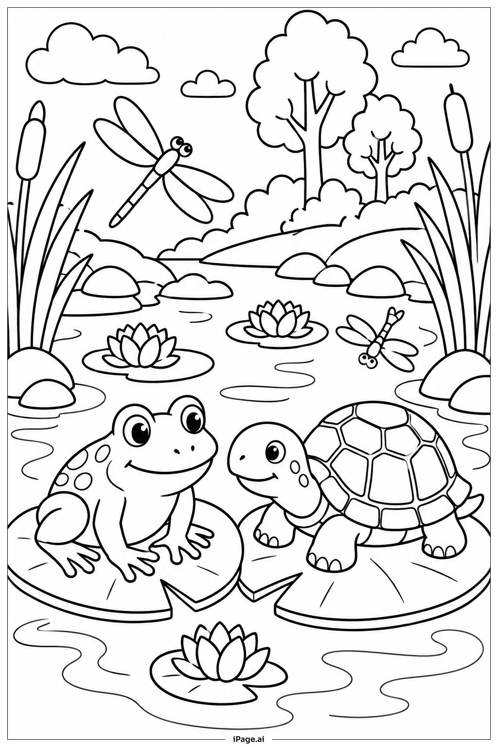  Página para colorir de Sapo E Tartaruga Nas Duas Folhas De Lírio 