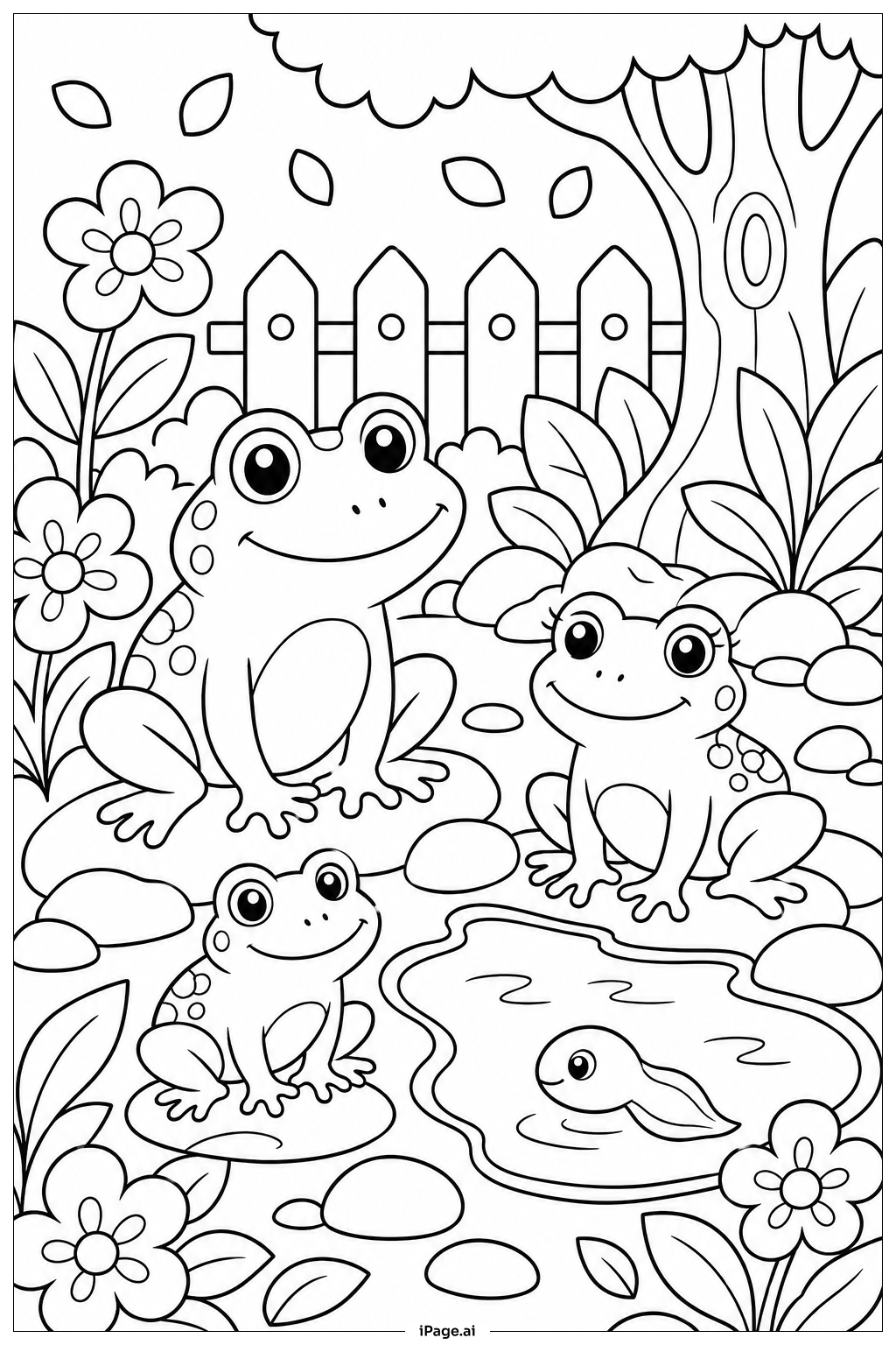  Página para colorear de Familia de Ranas en el Jardín 
