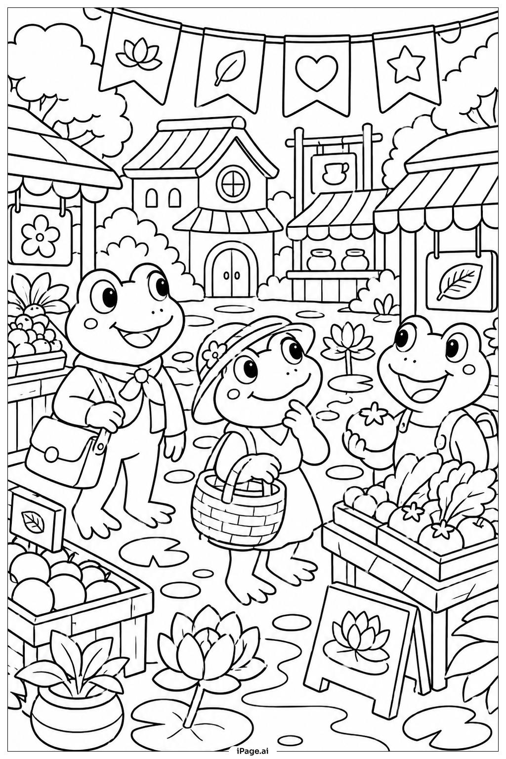 Página para colorear de Rana en el Mercado