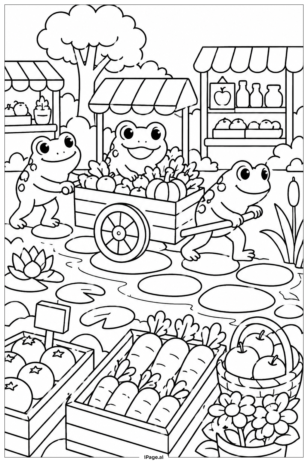 Página para colorear de Rana en el carrito del mercado