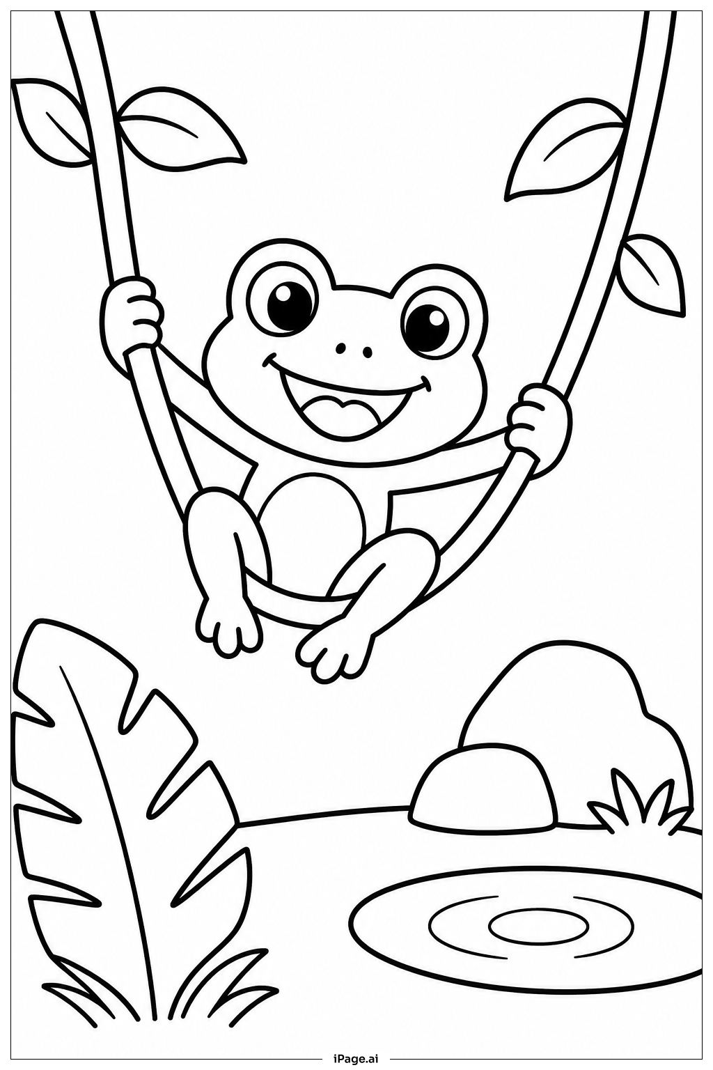 Page de coloriage Grenouille sur une liane balançante