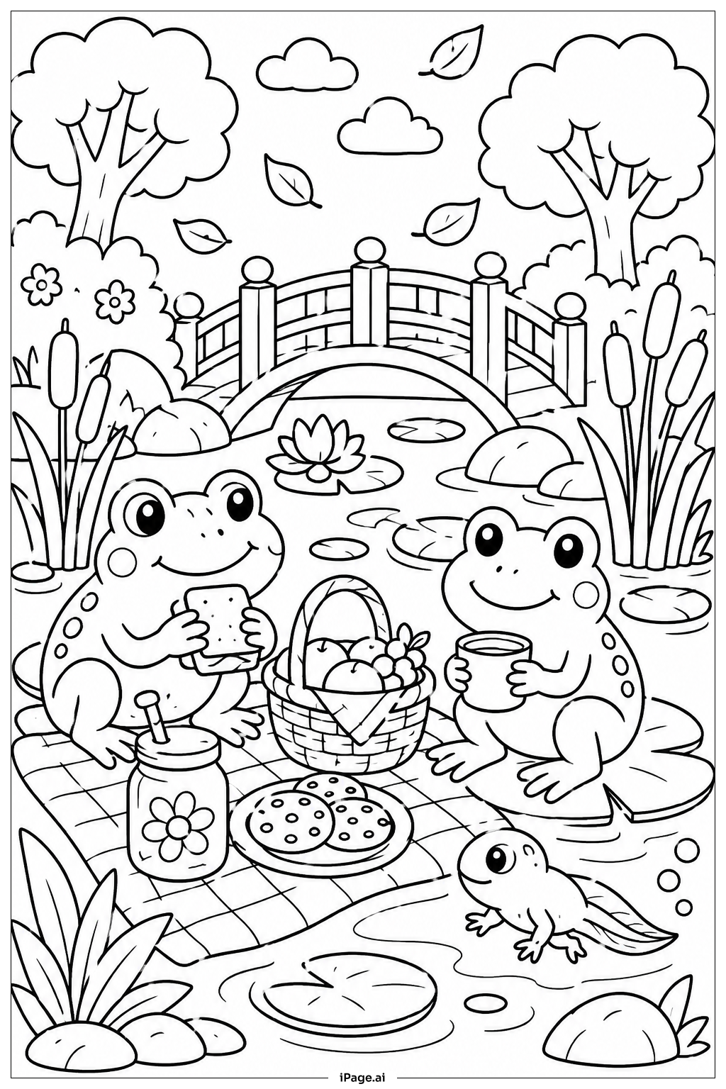 Página para colorear de Picnic de Rana junto al Puente