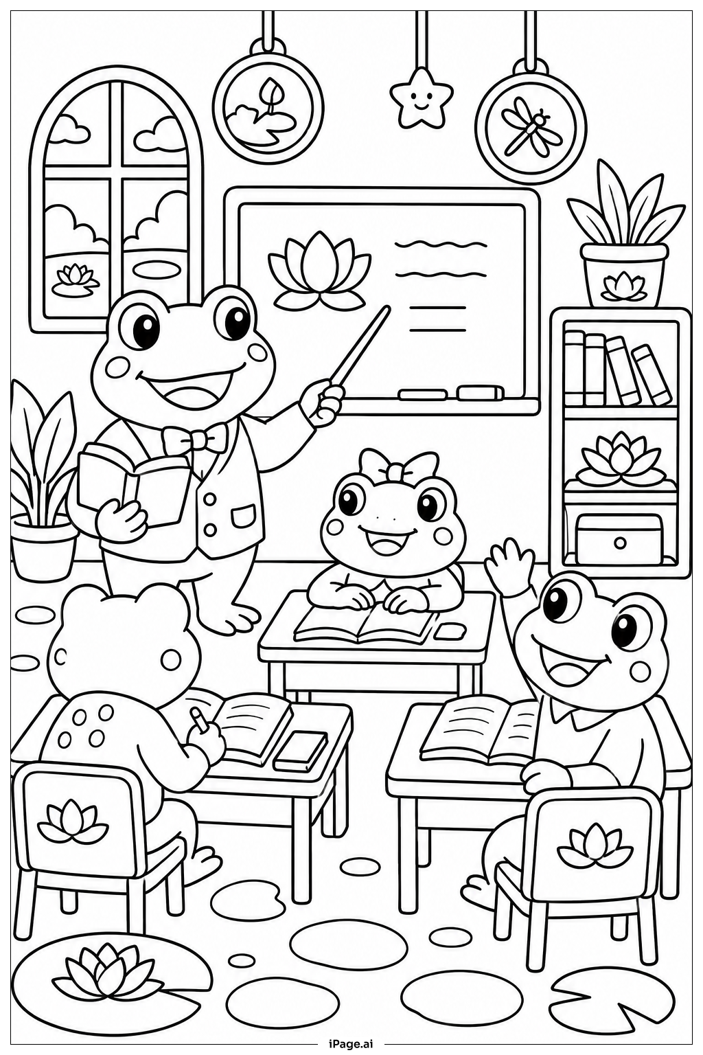 Página para colorear de Clase Escolar de Ranas