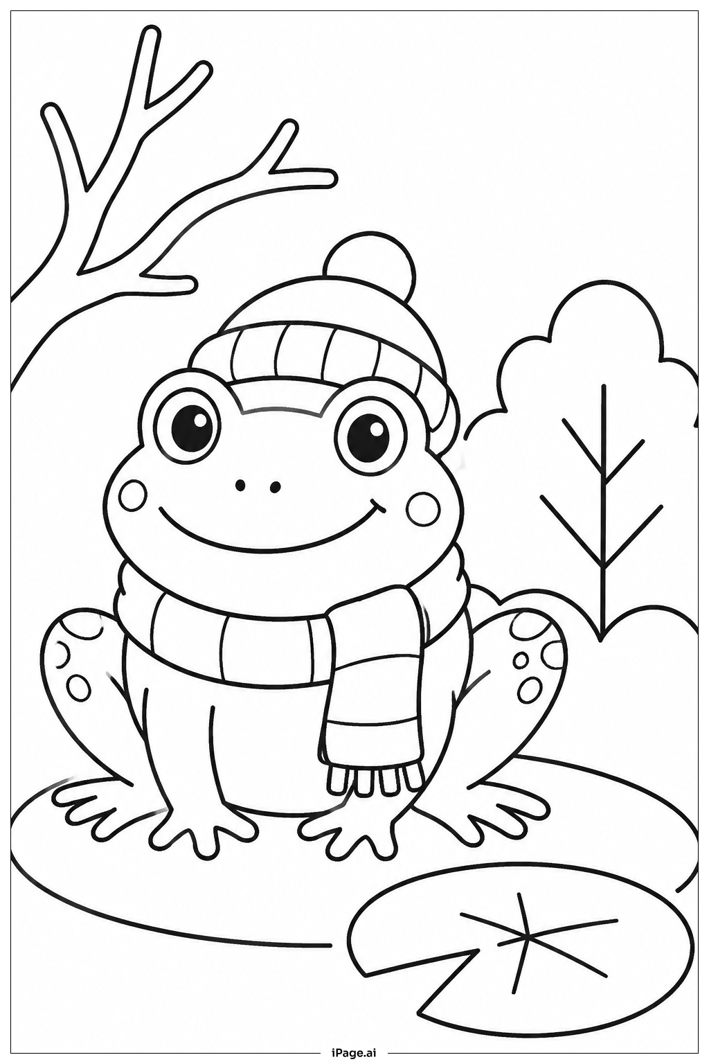 Page de coloriage Grenouille avec écharpe et chapeau