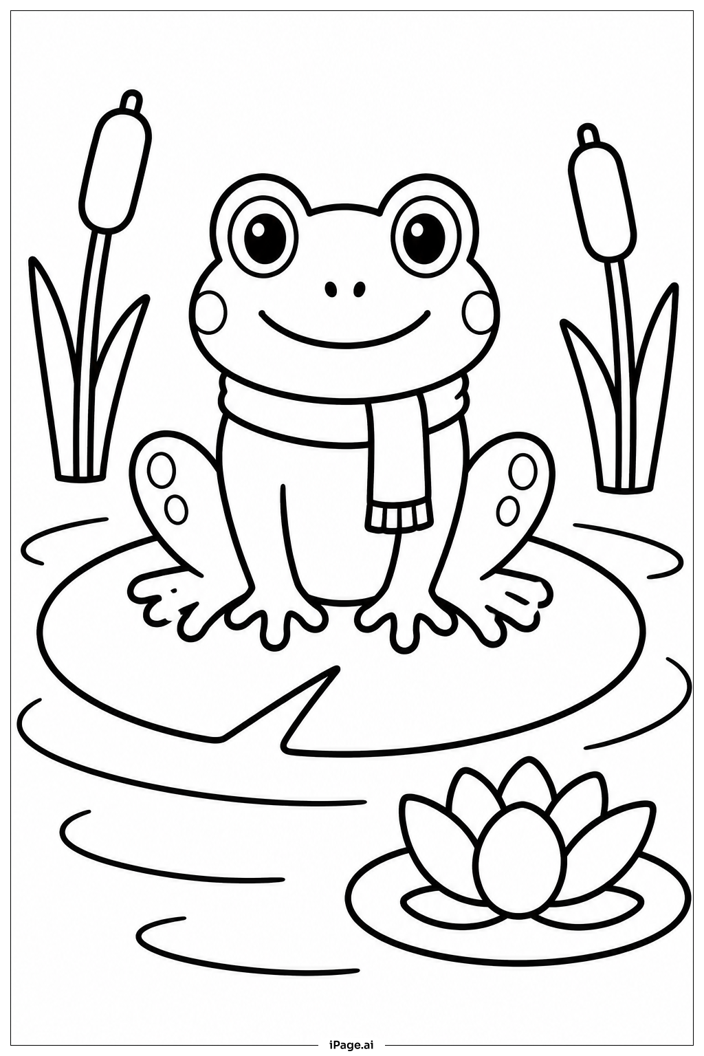  スカーフをしたカエルとスイレンの葉の塗り絵ページ 