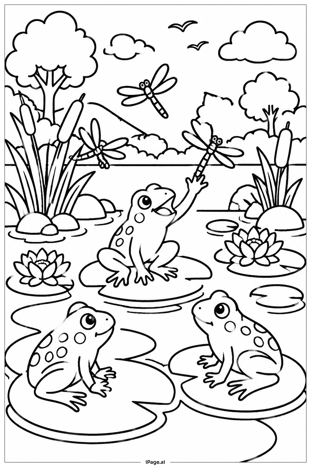 Frösche und Libellen am Ufer des Lily Pad Ausmalseite 