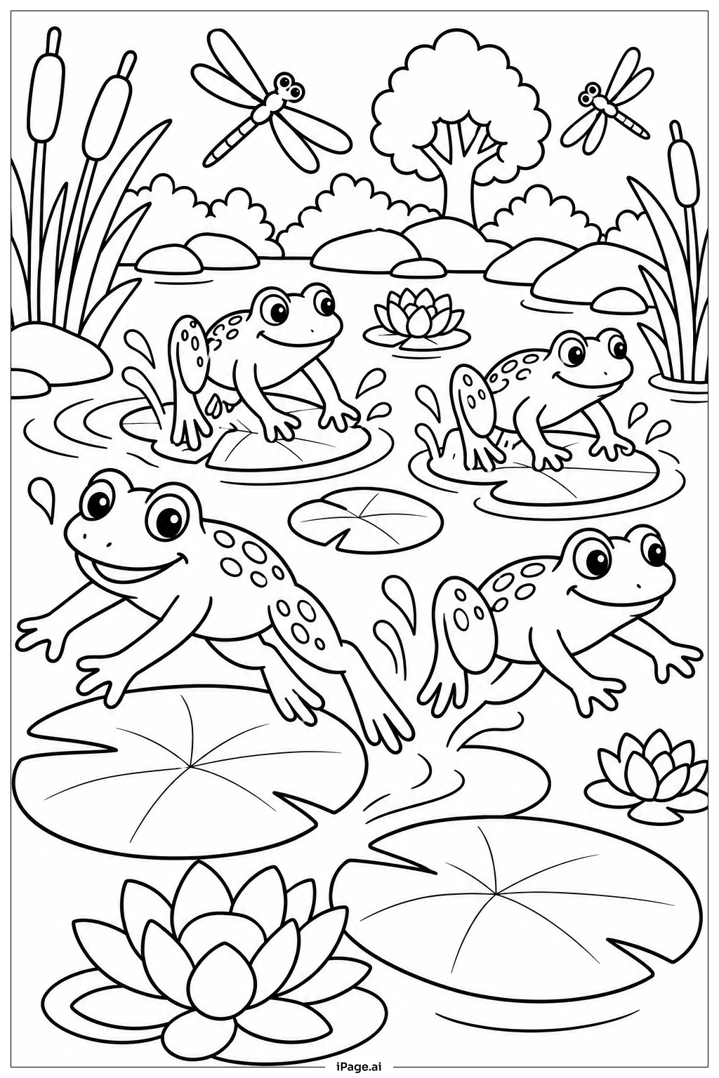  Página para colorir de Sapos Correndo Sobre as Folhas de Vitória-Régia 