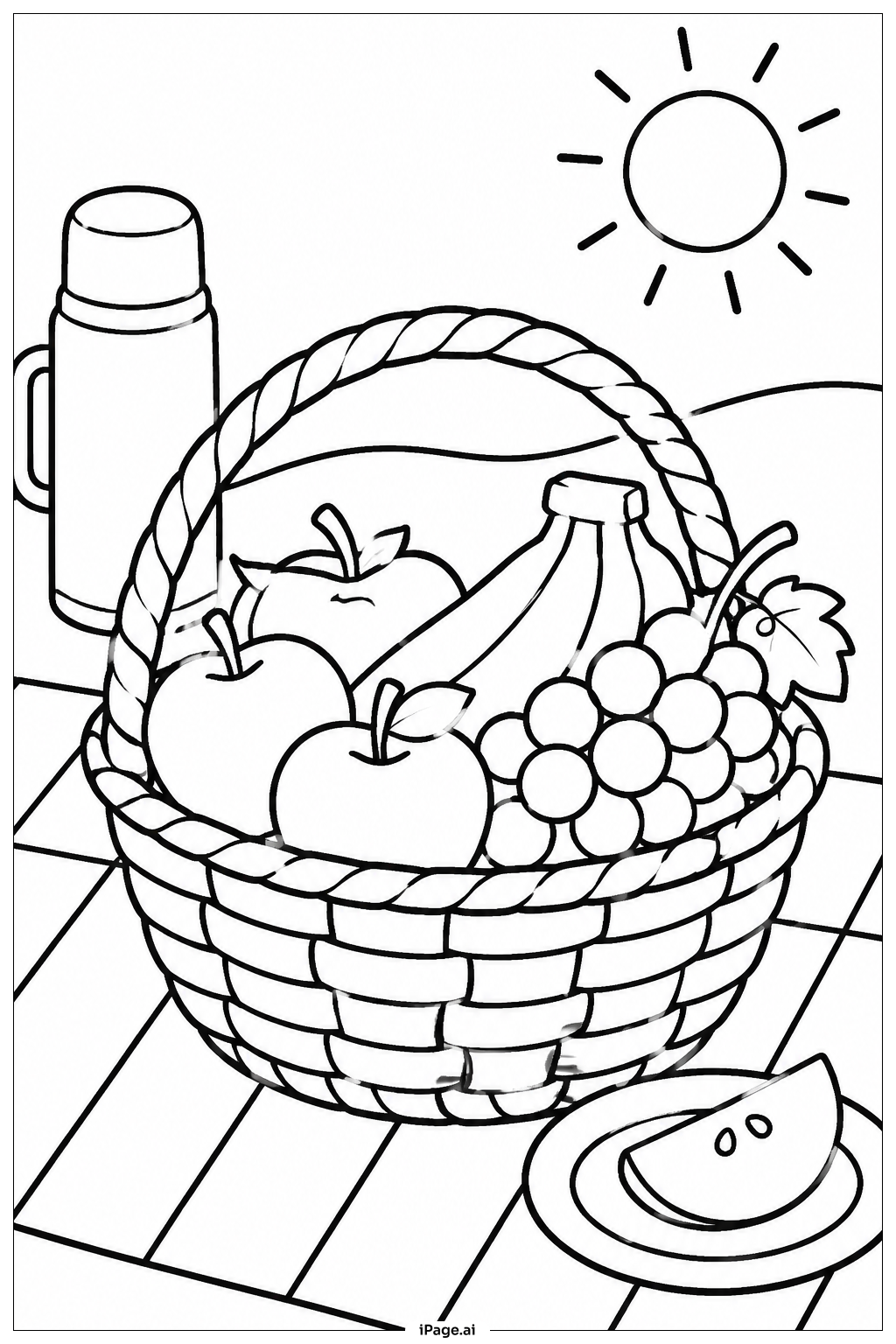 Página para colorear de Picnic con Cesta de Frutas