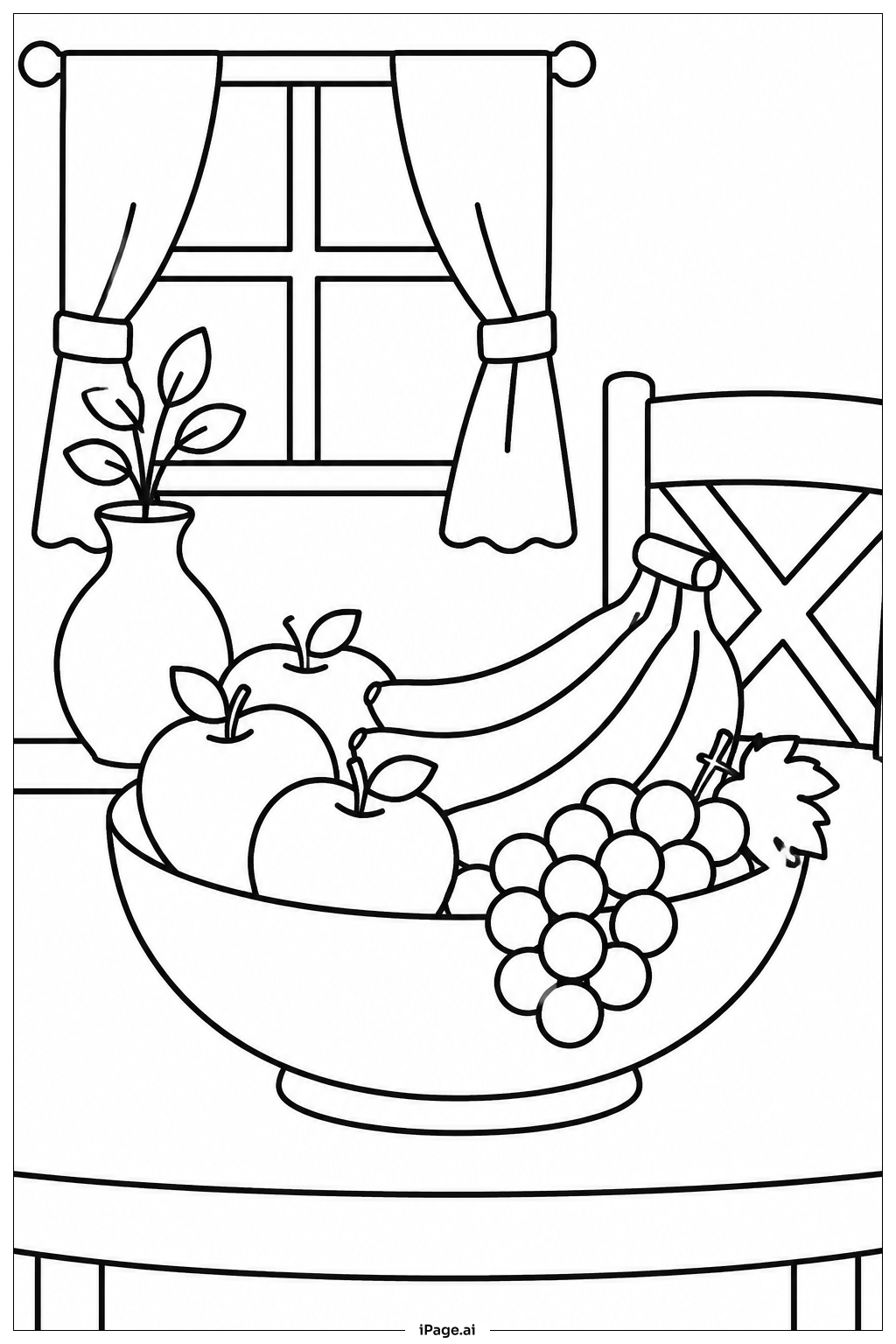 Página para colorear de Tazón de Frutas sobre la Mesa