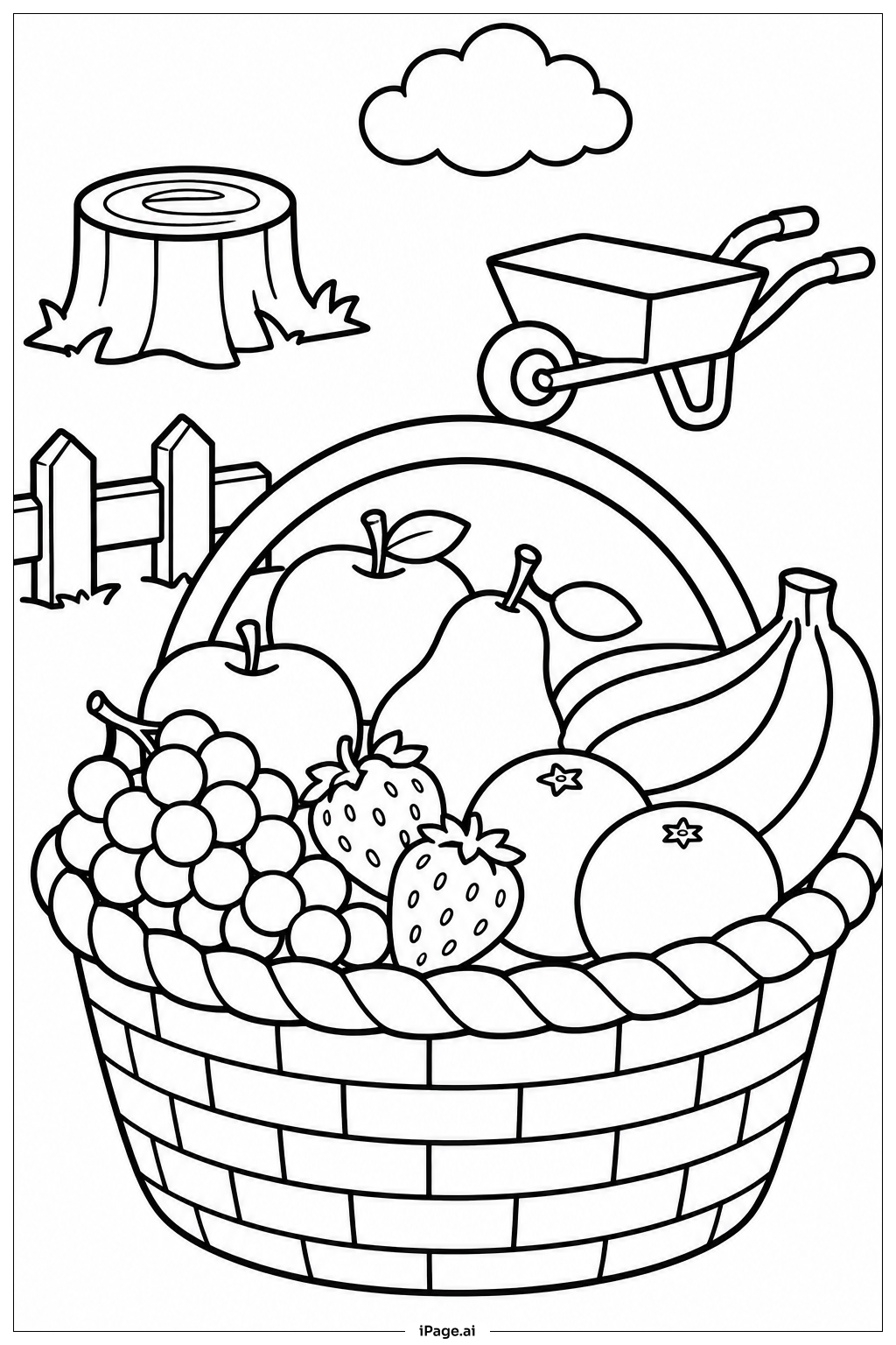 Página para colorear de Cesta de frutas de la cosecha