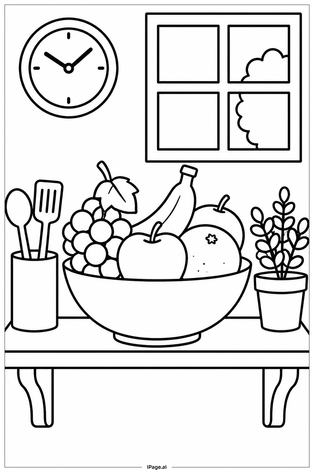 Página para colorear de Frutas en el Estante de la Cocina