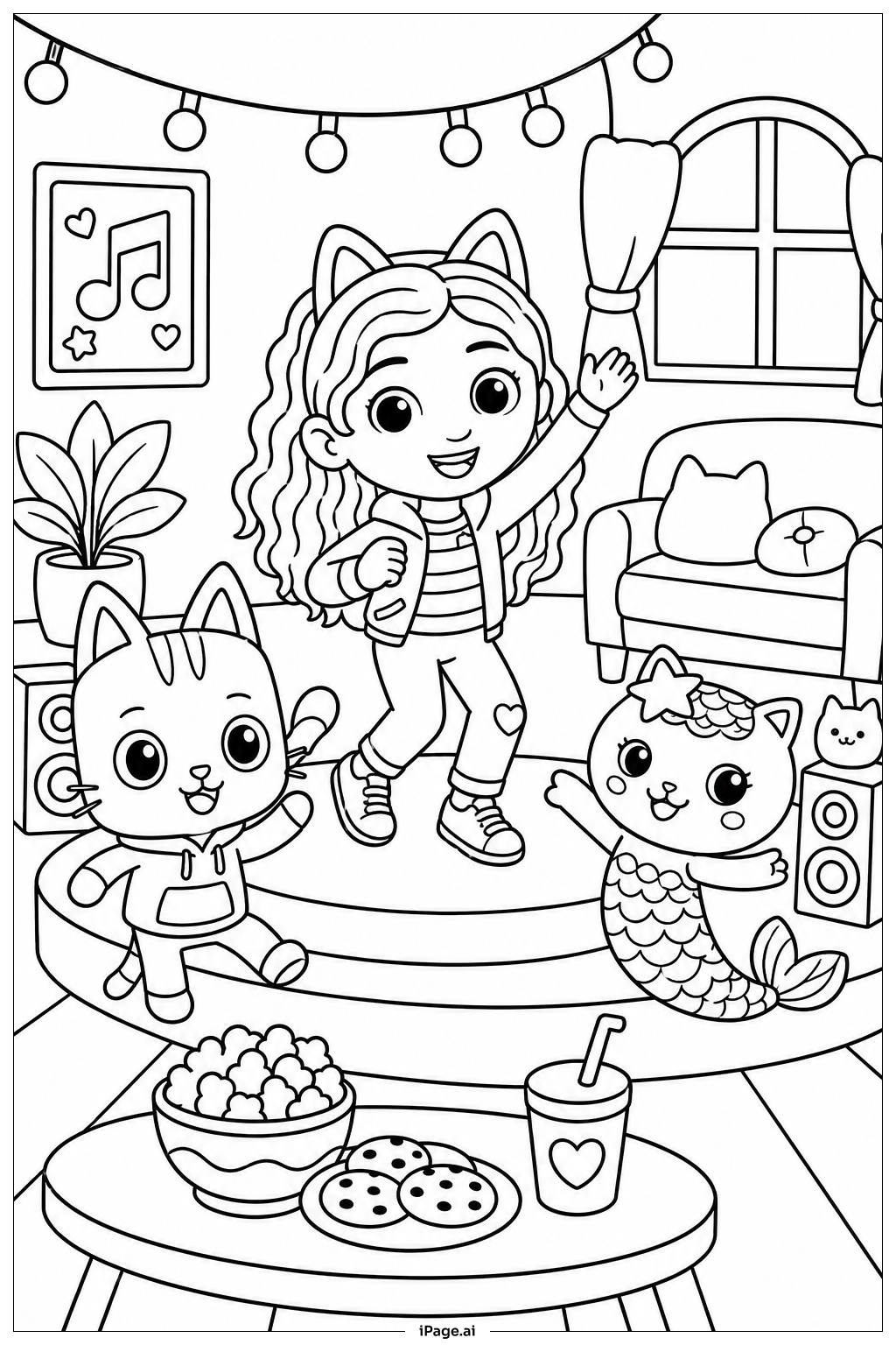 Página para colorear de Fiesta Nocturna en la Casa de Muñecas de Gabby