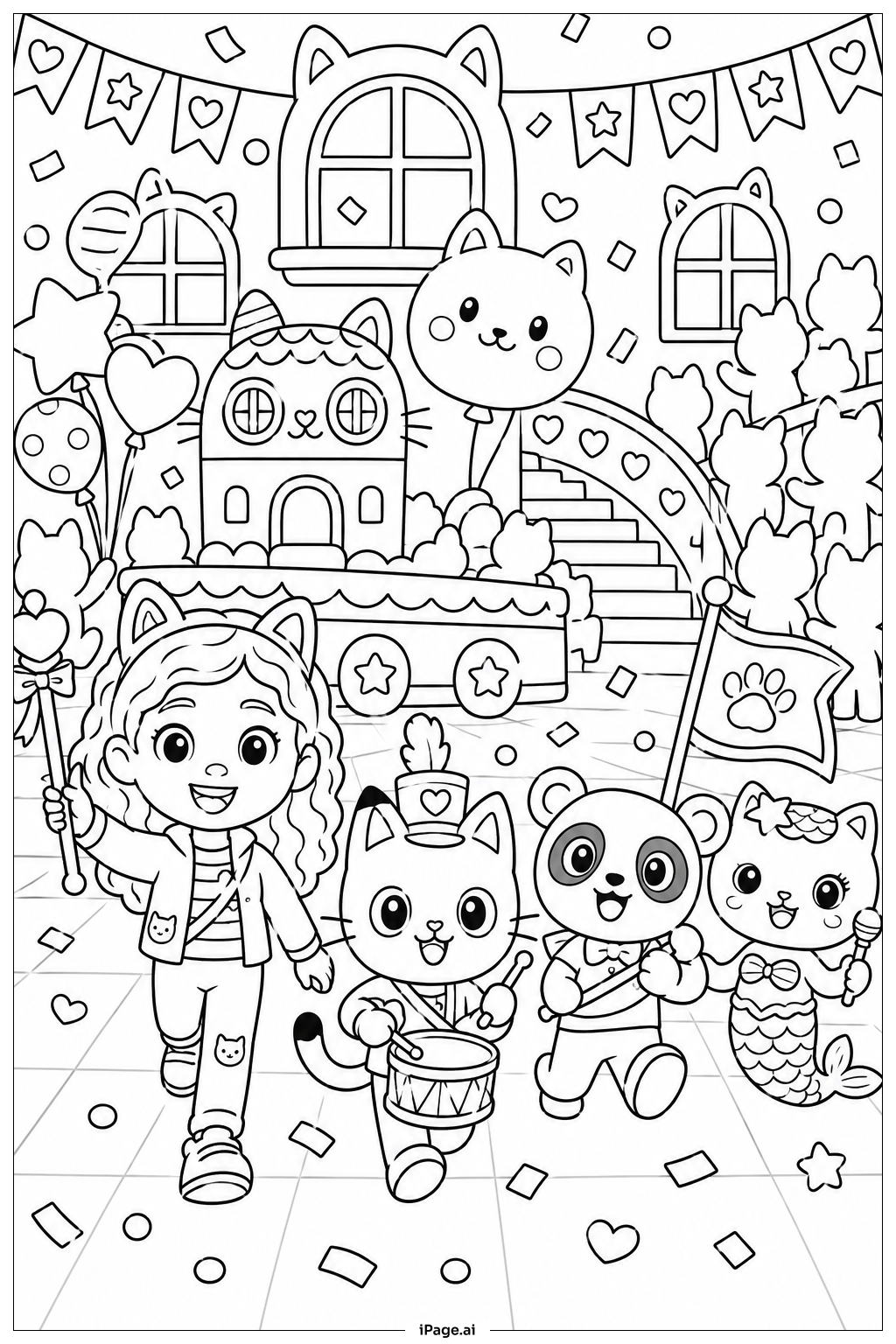 Página para colorear de La aventura del desfile en la casa de muñecas de Gabby
