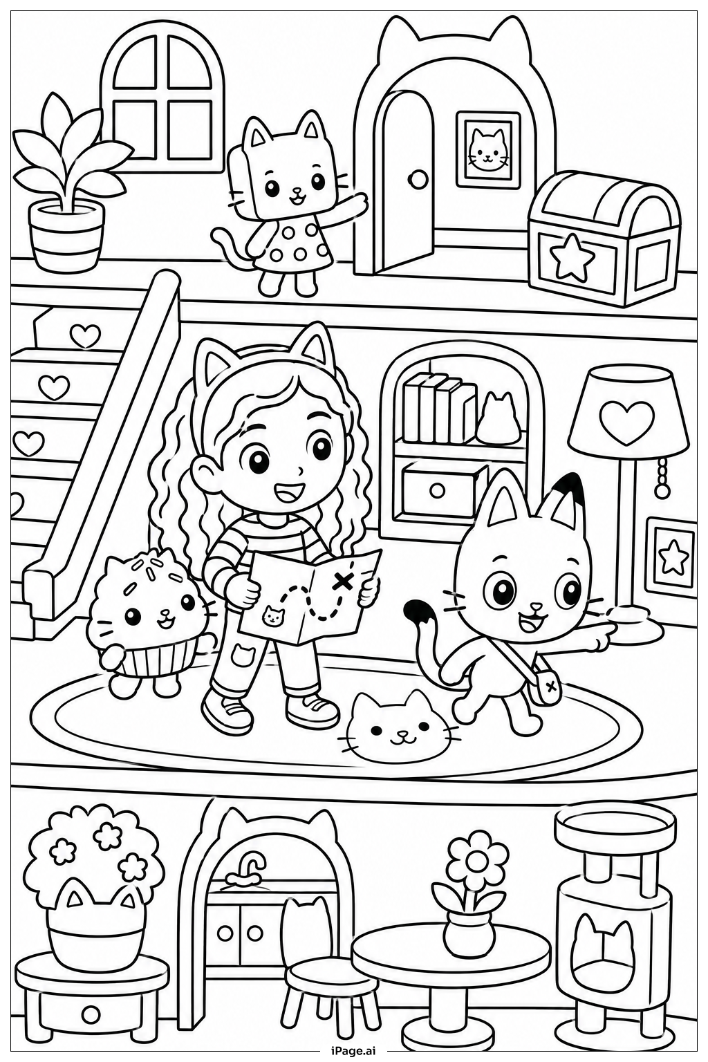Página para colorear de La Búsqueda del Tesoro de Gabbys Dollhouse