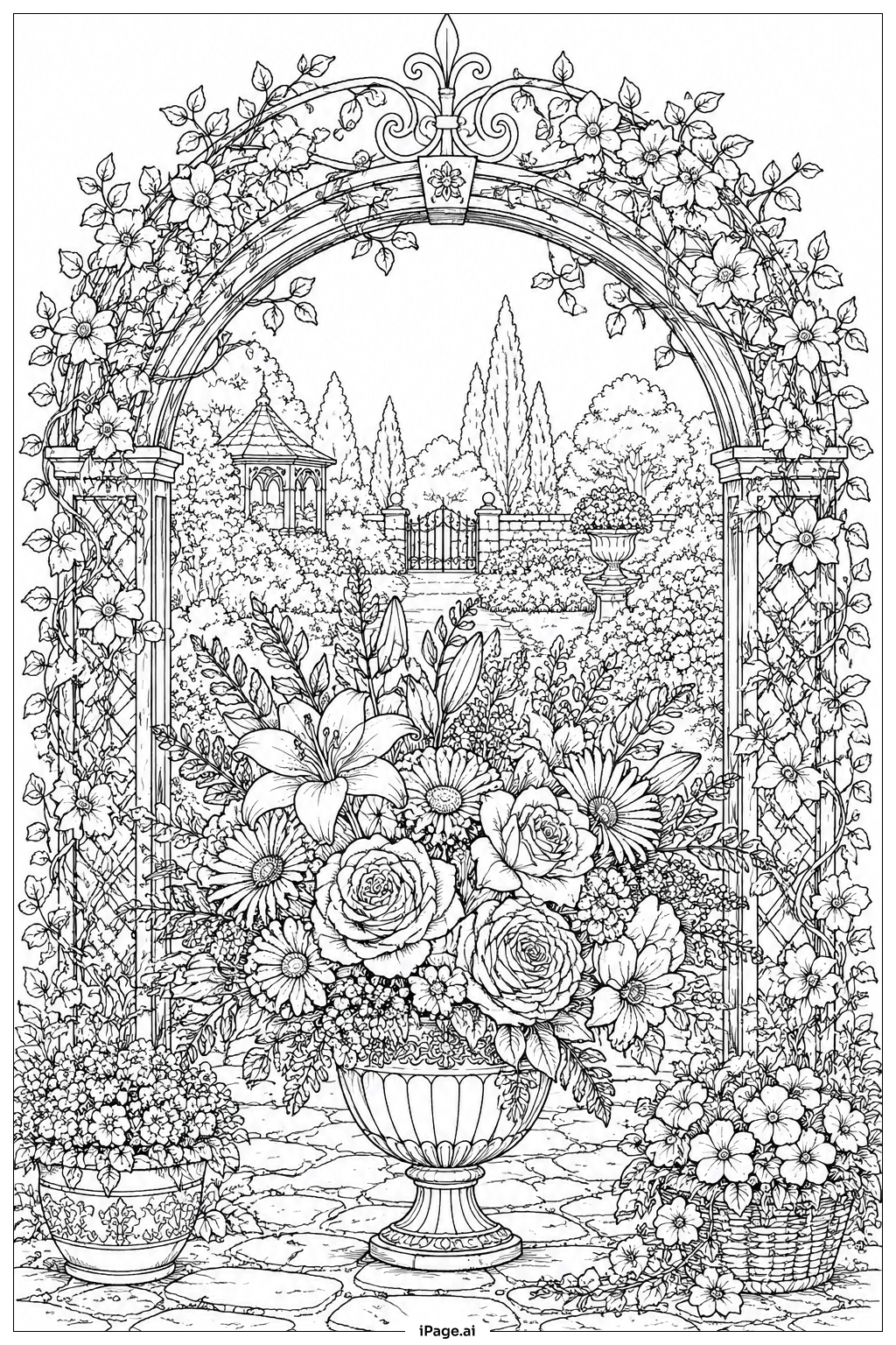  Garden Arch Flower Bouquet Scene Coloring Page 