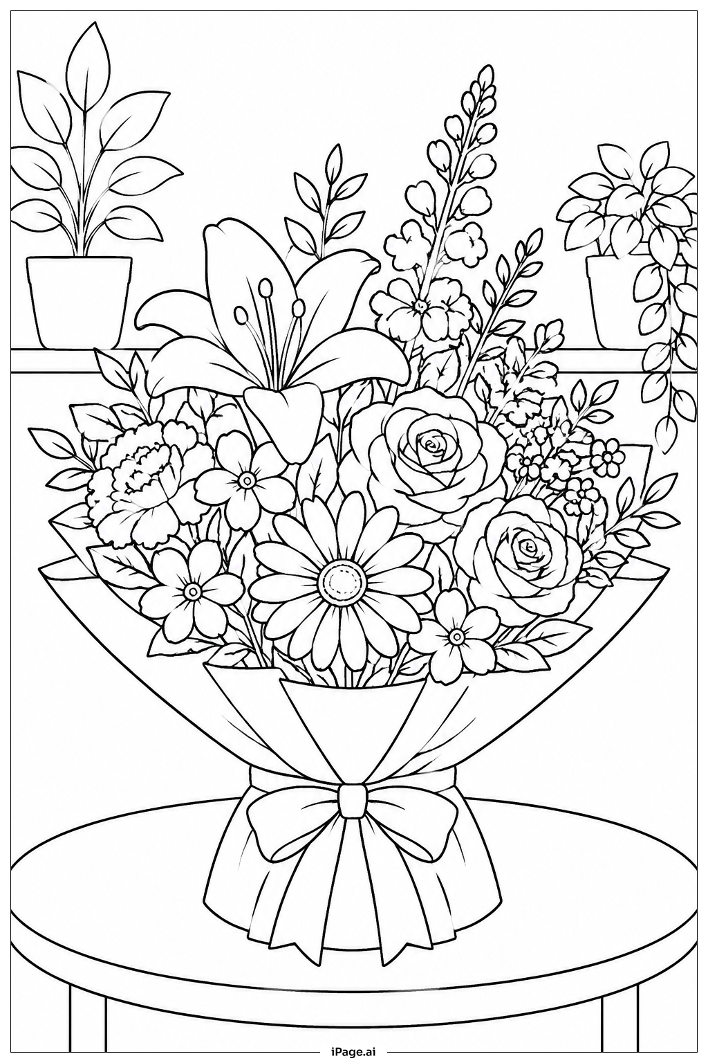 Garden Flower Bouquet On Table Coloring Page